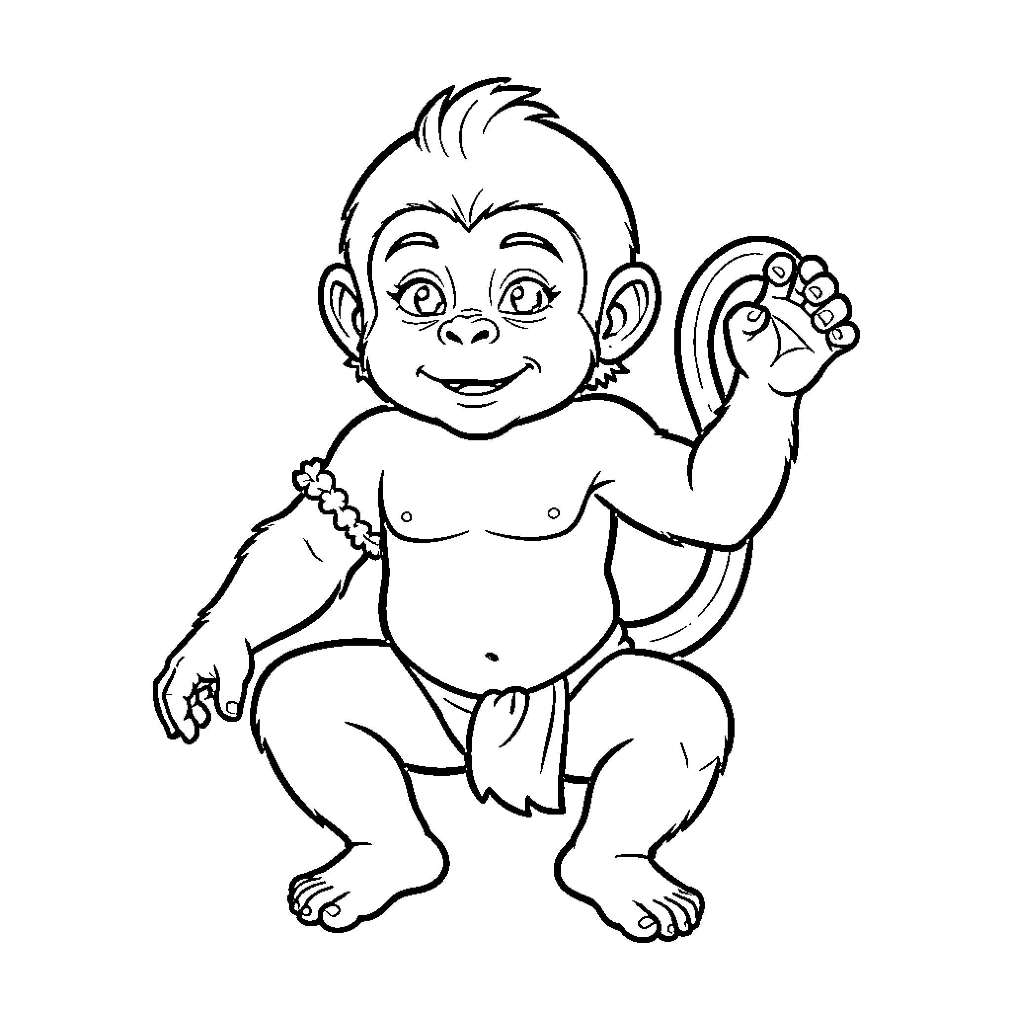 Baby Lord Hanuman smiling and sitting playfully Coloring Page (free black-and-white line drawing printable PDF for all, from beginners to advanced learners, including children, teens, adults, and seniors)