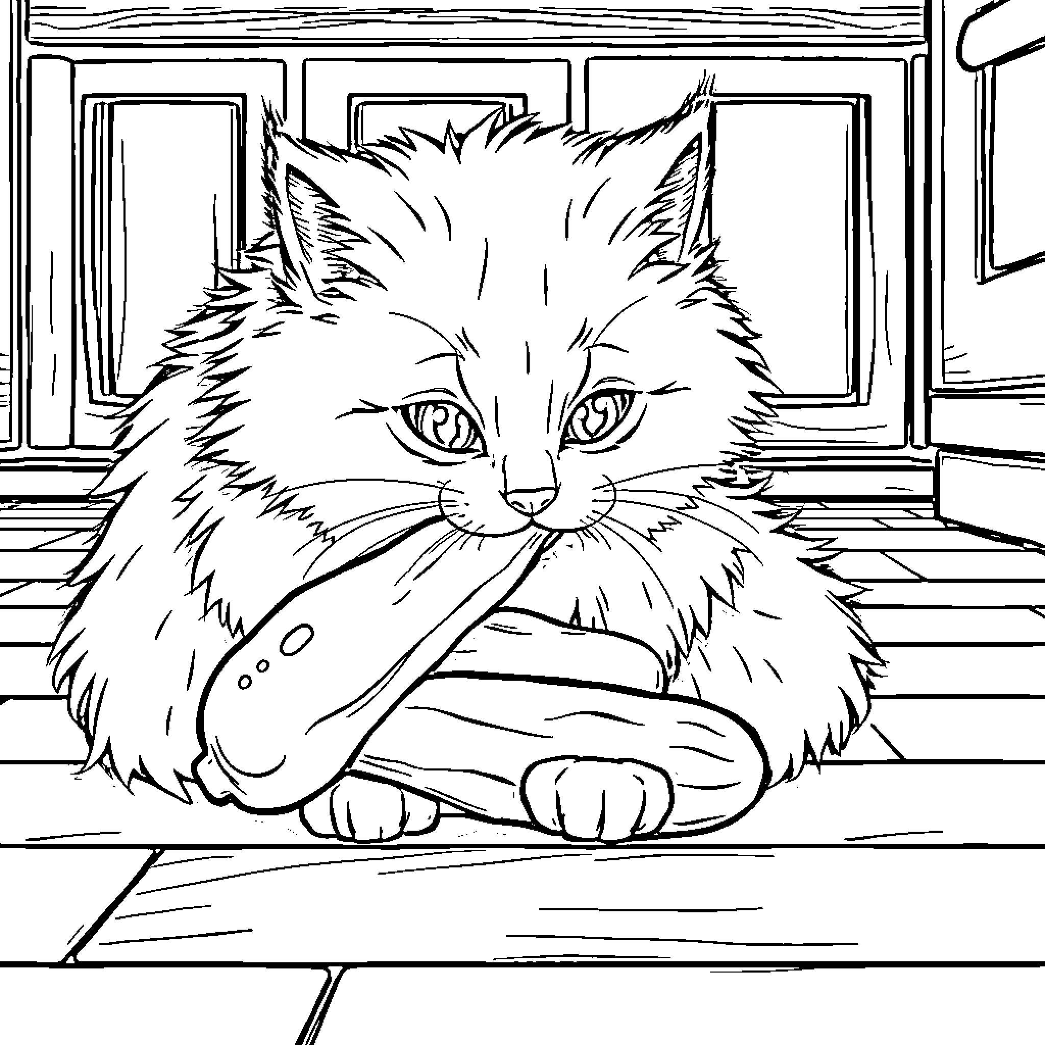 Cat resting on a wooden floor Coloring Page (free black-and-white line drawing printable PDF for all, from beginners to advanced learners, including children, teens, adults, and seniors)