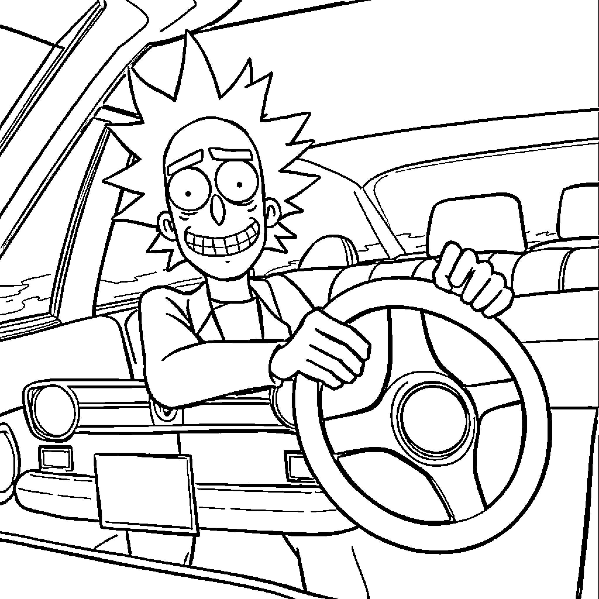 Rick driving his crazy car with excitement Coloring Page (free black-and-white line drawing printable PDF for all, from beginners to advanced learners, including children, teens, adults, and seniors)