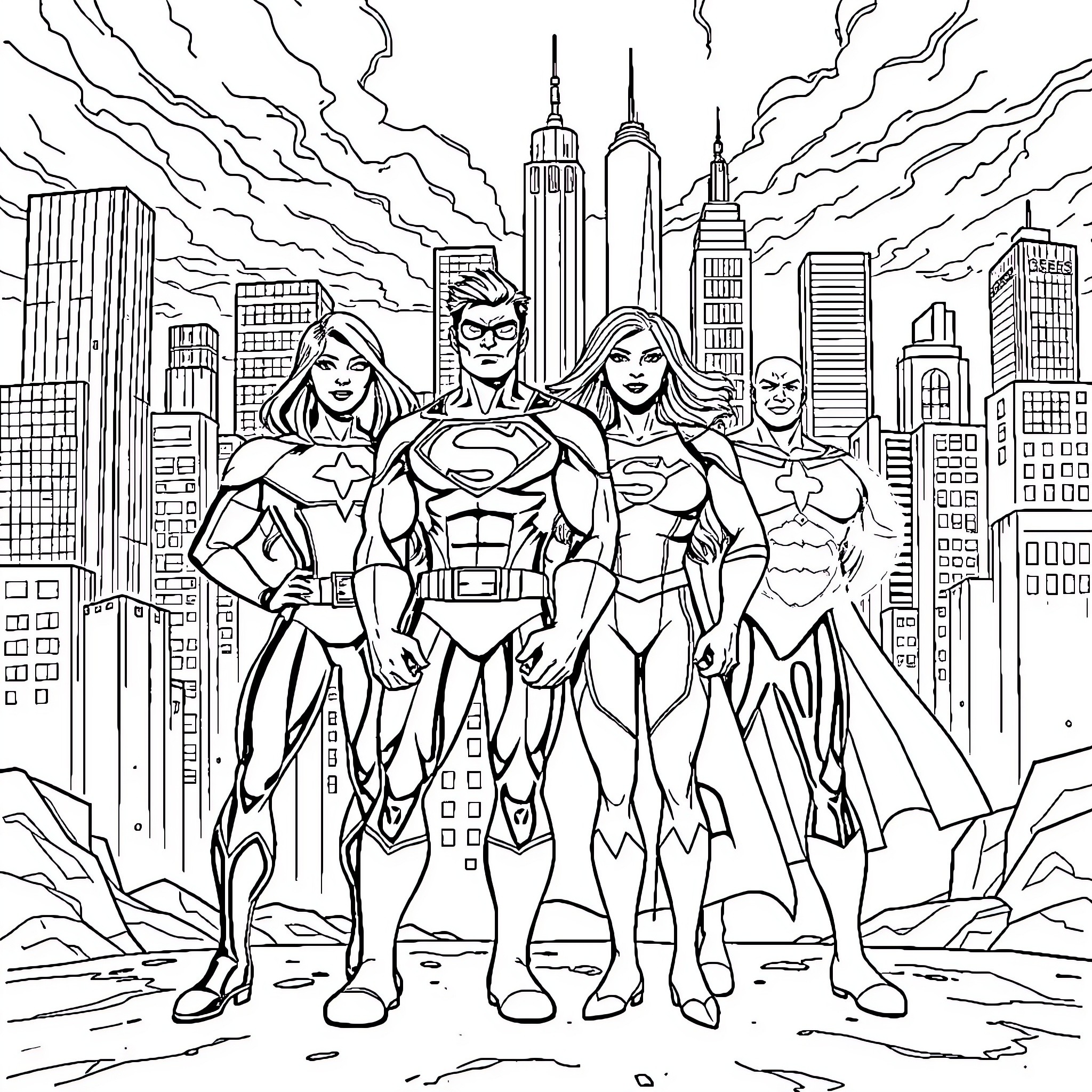 Fantastic 4 Superheroes Saving the City Coloring Page (free black-and-white line drawing printable PDF for all, from beginners to advanced learners, including children, teens, adults, and seniors)