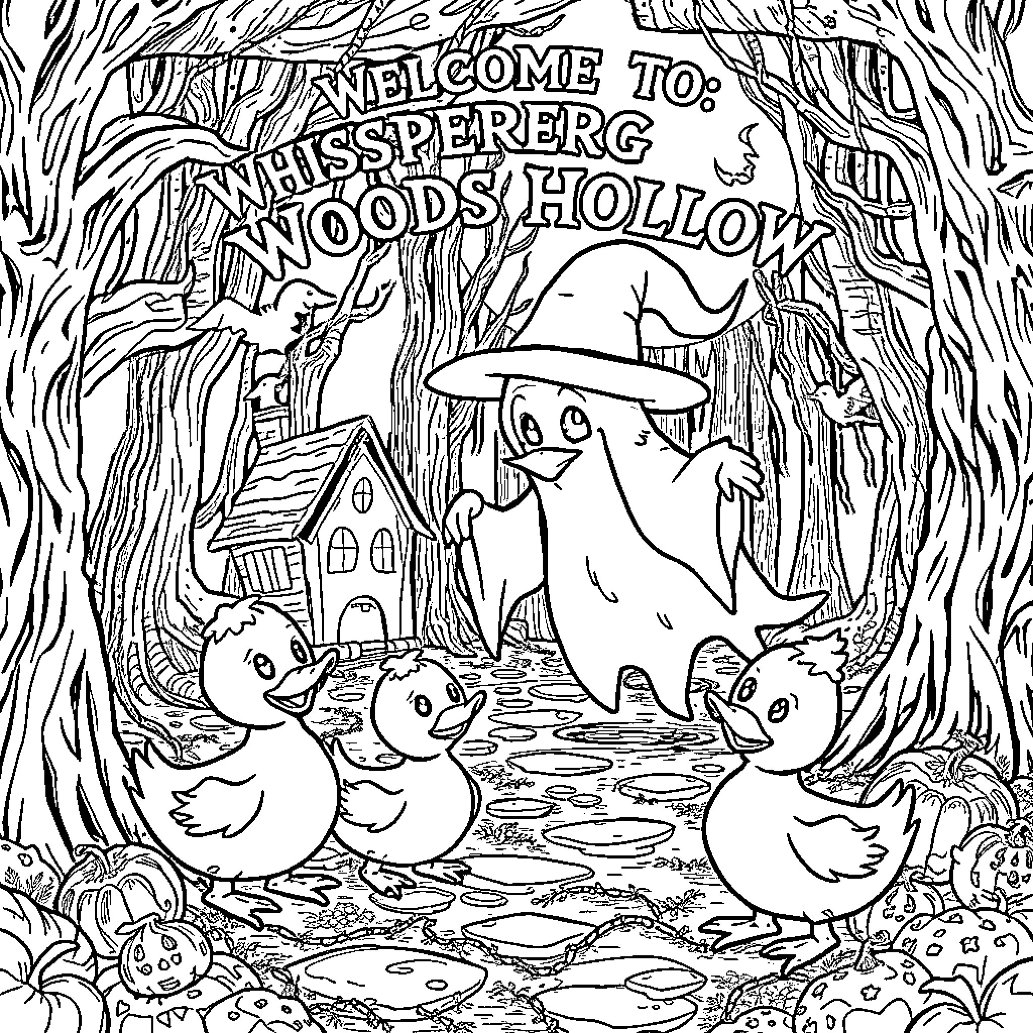 Ghost Town Welcomes Friendly Waterfowl Coloring Page (free black-and-white line drawing printable PDF for all, from beginners to advanced learners, including children, teens, adults, and seniors)