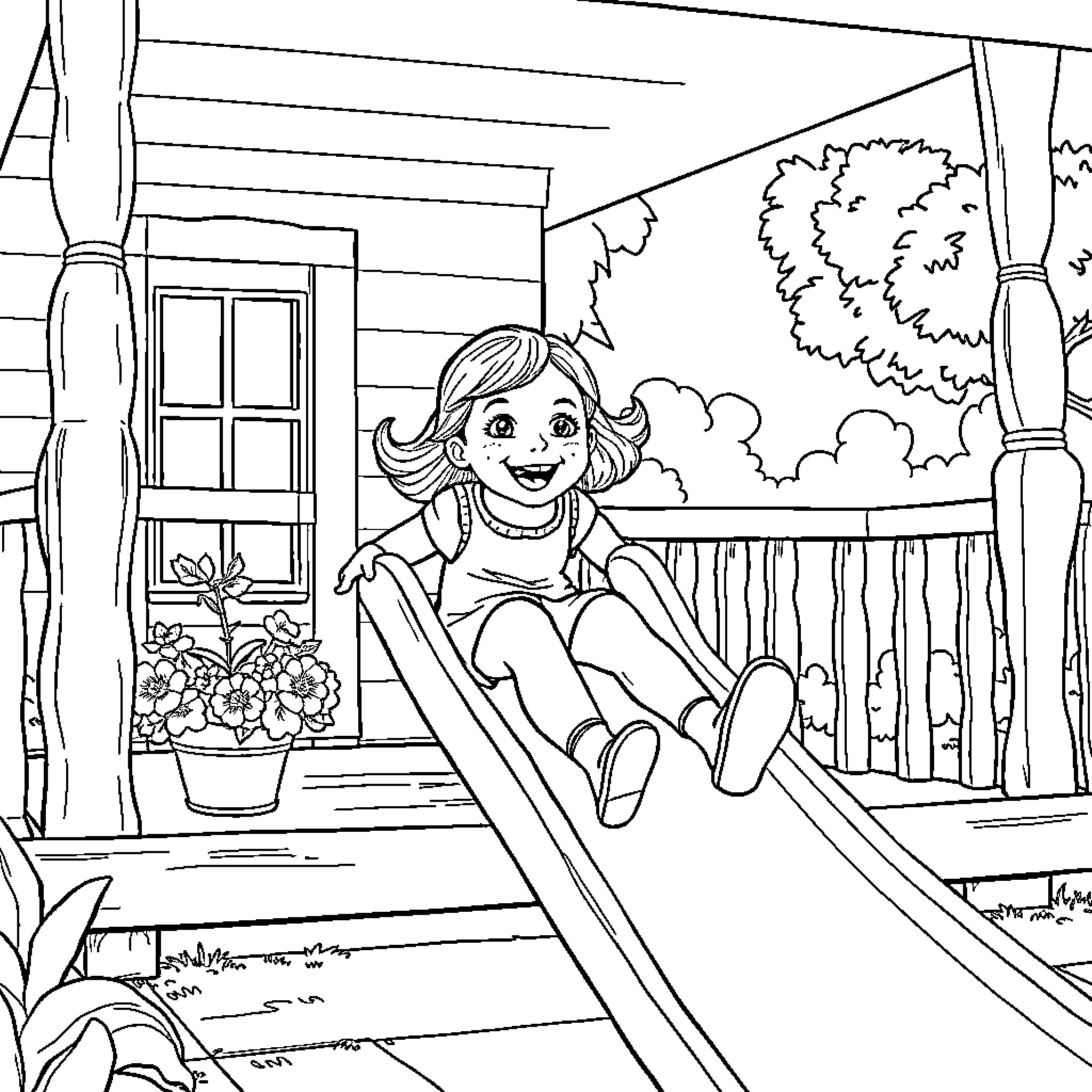 Girl playing on porch swing in peaceful countryside Coloring Page (free black-and-white line drawing printable PDF for all, from beginners to advanced learners, including children, teens, adults, and seniors)