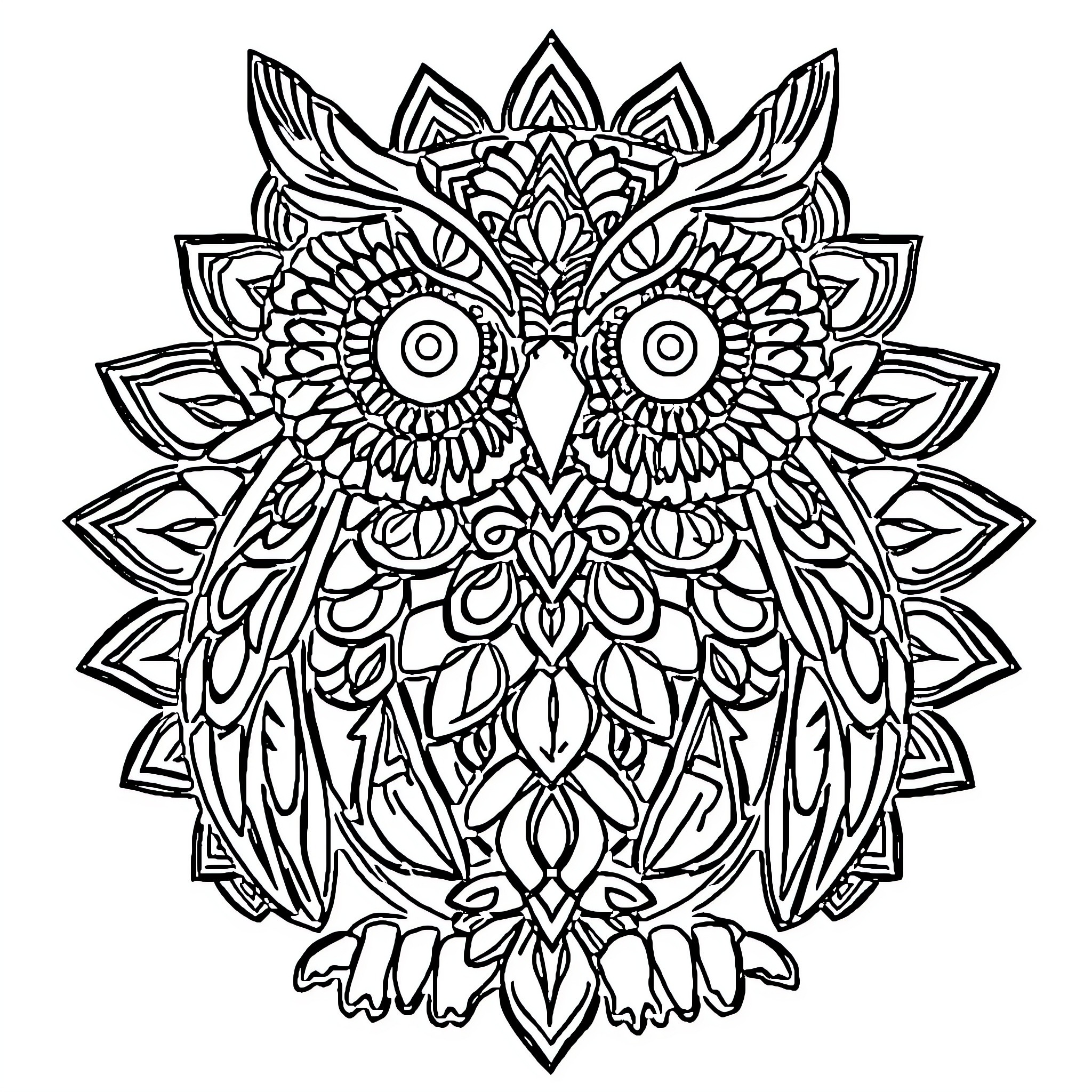 Owl with intricate mandala design Coloring Page (free black-and-white line drawing printable PDF for all, from beginners to advanced learners, including children, teens, adults, and seniors)