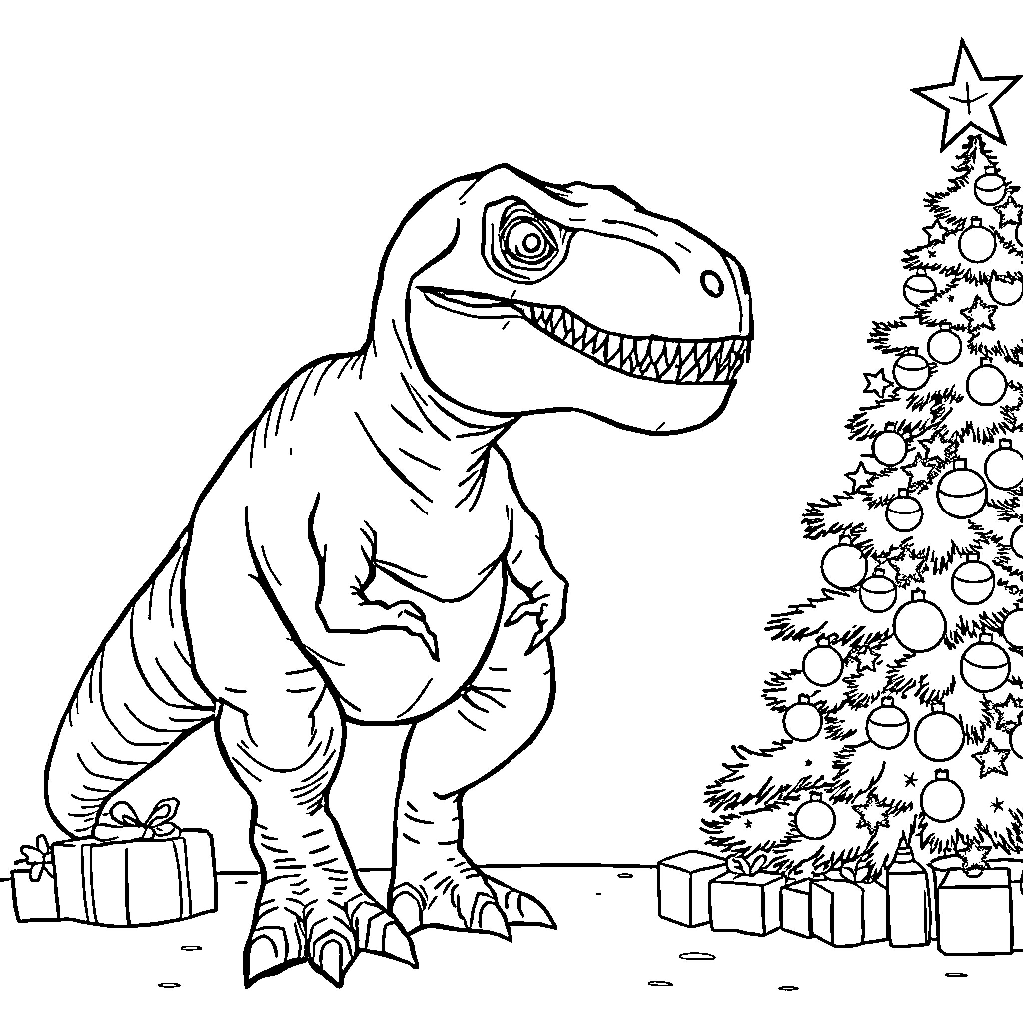 Dino celebrating Christmas with gifts and tree Coloring Page (free black-and-white line drawing printable PDF for all, from beginners to advanced learners, including children, teens, adults, and seniors)