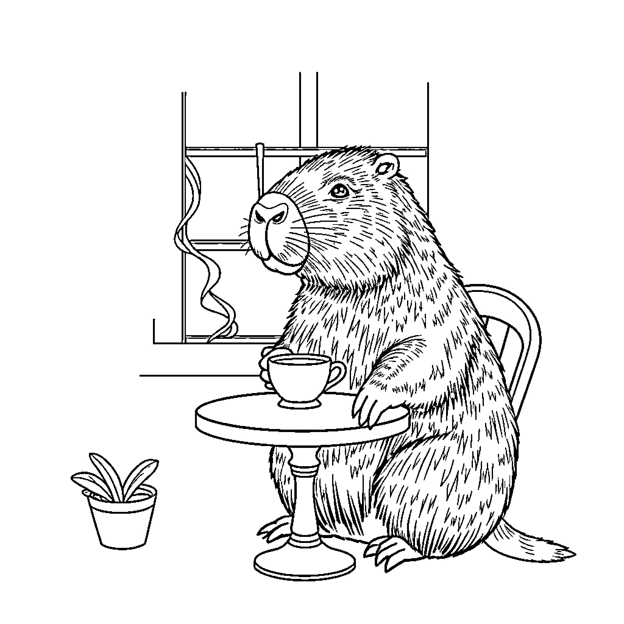 Capybara relaxing with a cup of coffee Coloring Page (free black-and-white line drawing printable PDF for all, from beginners to advanced learners, including children, teens, adults, and seniors)