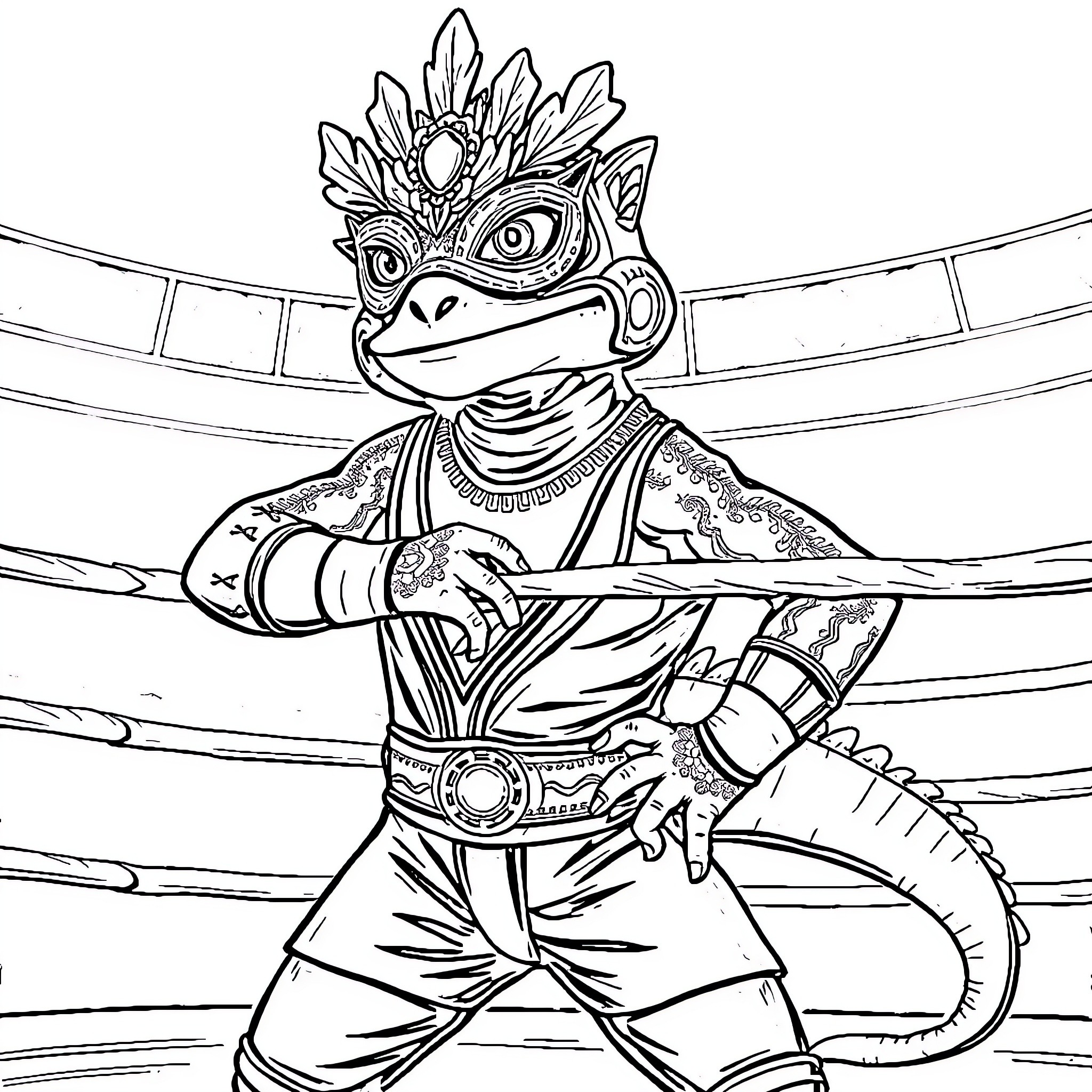 Luchador Reptile Wrestler in Ceremonial Attire Coloring Page (free black-and-white line drawing printable PDF for all, from beginners to advanced learners, including children, teens, adults, and seniors)