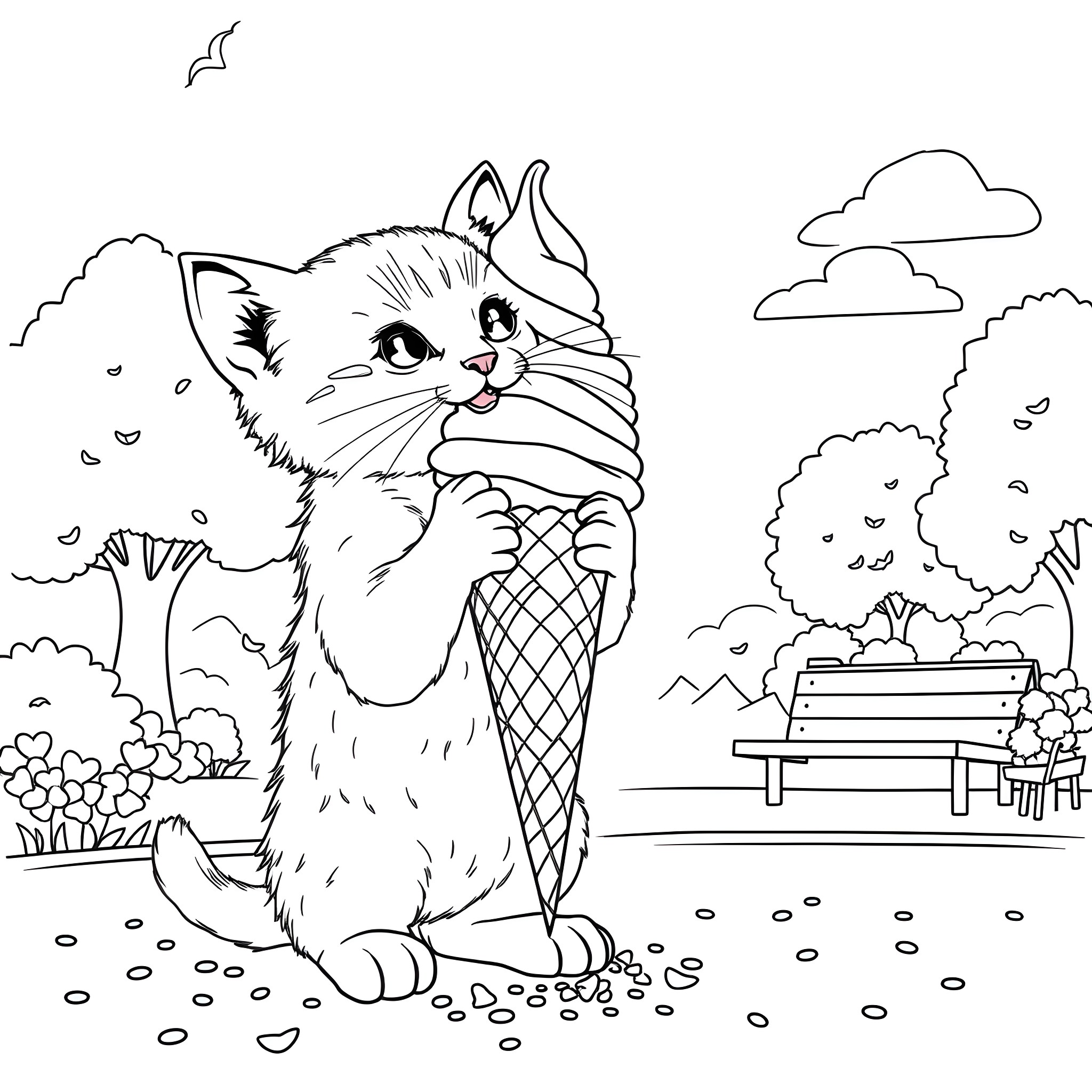 Kitten licking delicious ice cream in the park Coloring Page (free black-and-white line drawing printable PDF for all, from beginners to advanced learners, including children, teens, adults, and seniors)