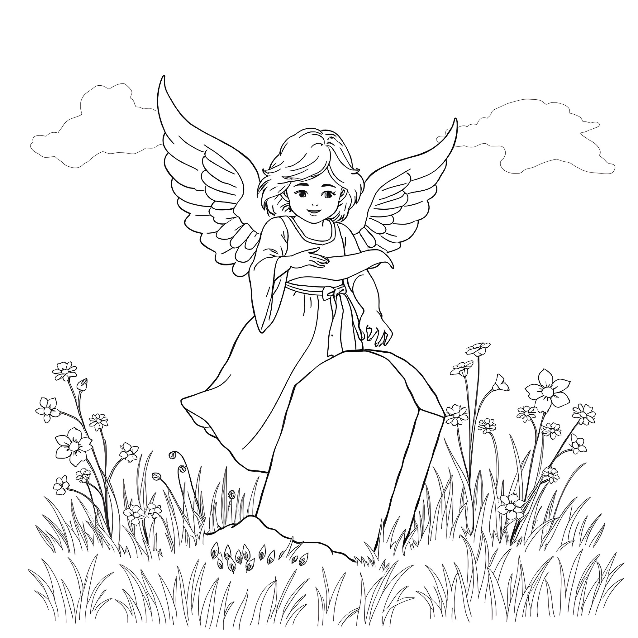 Angel in the meadow with wings and flowers Coloring Page (free black-and-white line drawing printable PDF for all, from beginners to advanced learners, including children, teens, adults, and seniors)