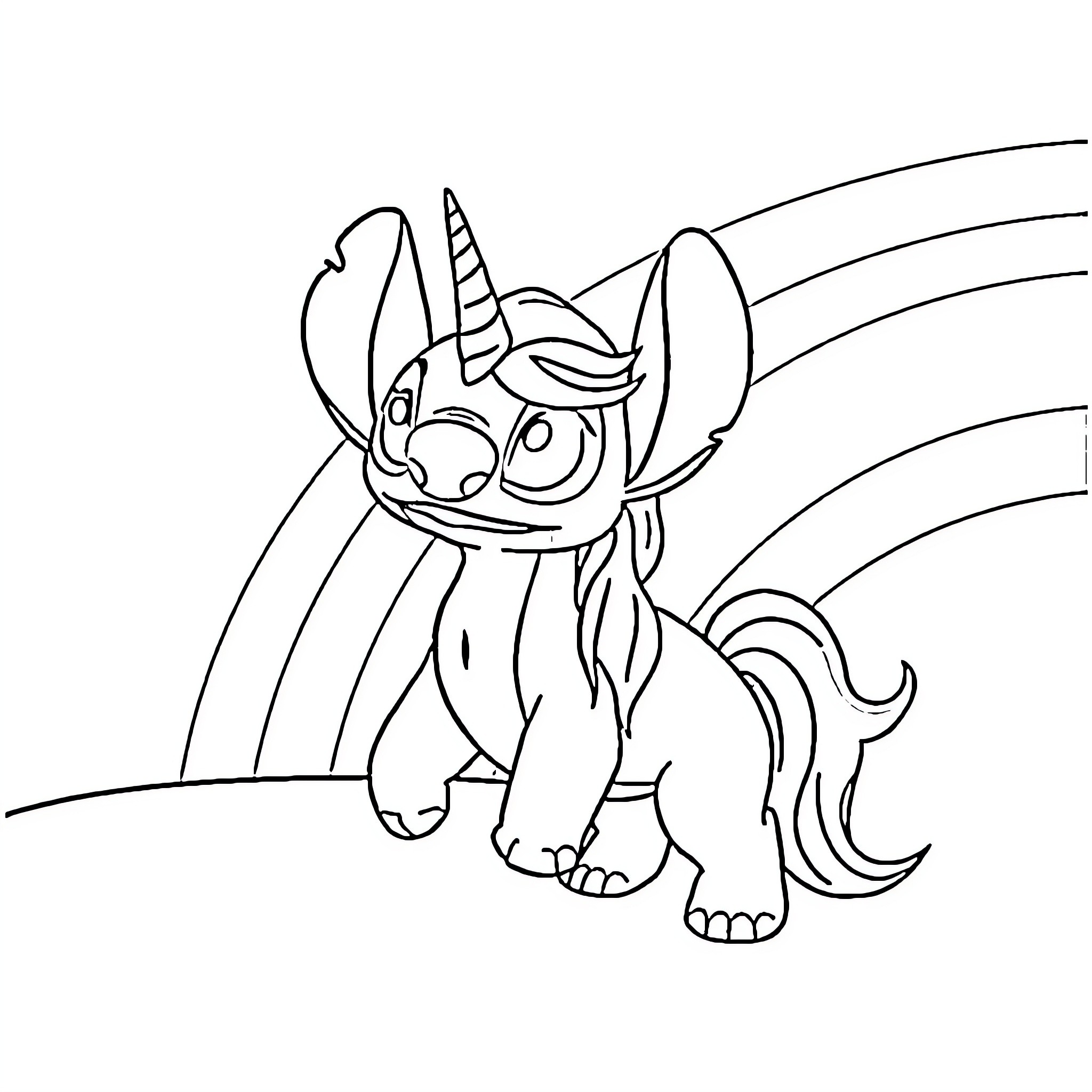 Stitch running playfully through a magical landscape Coloring Page (free black-and-white line drawing printable PDF for all, from beginners to advanced learners, including children, teens, adults, and seniors)