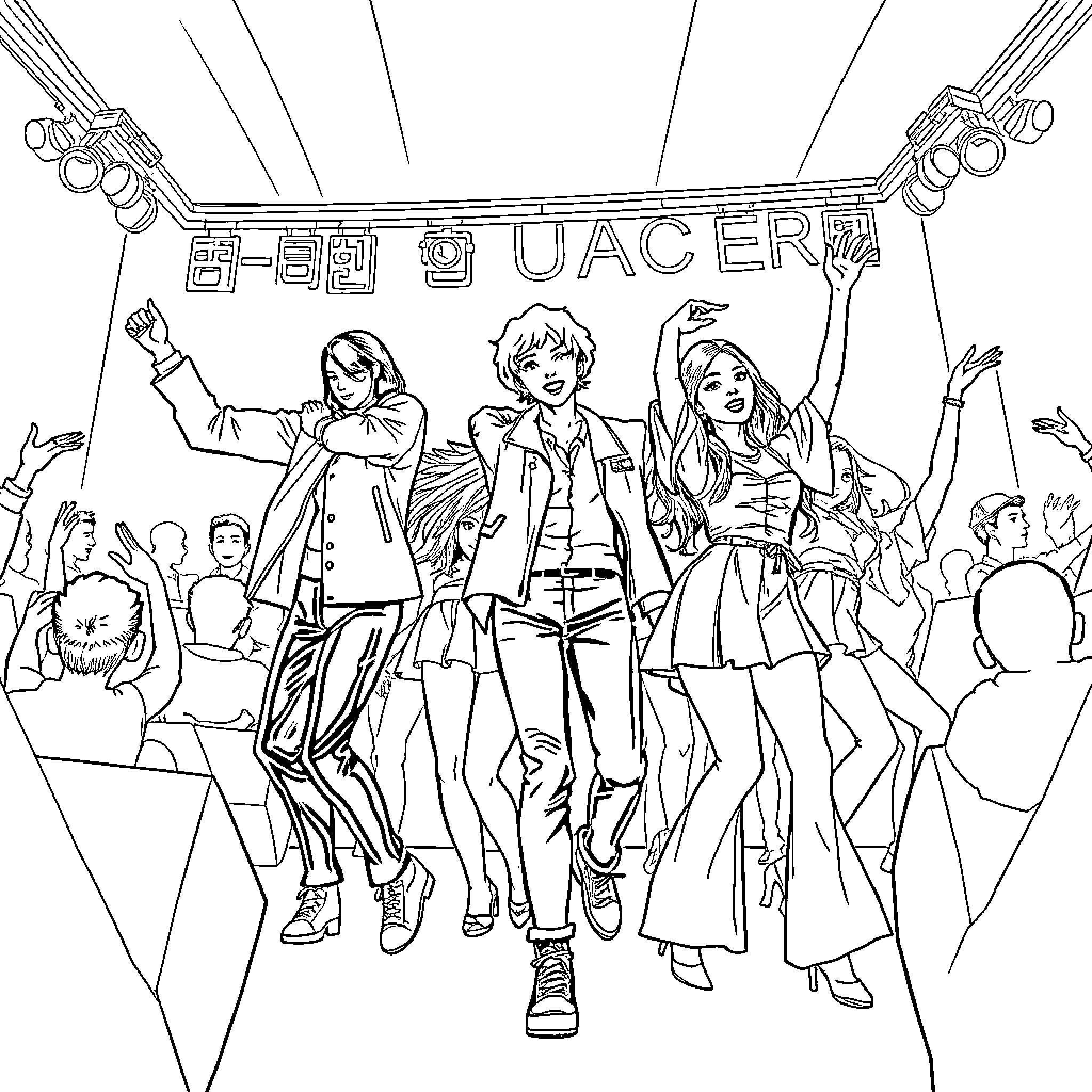 K Pop Idols Performing on Stage with Crowd Coloring Page (free black-and-white line drawing printable PDF for all, from beginners to advanced learners, including children, teens, adults, and seniors)
