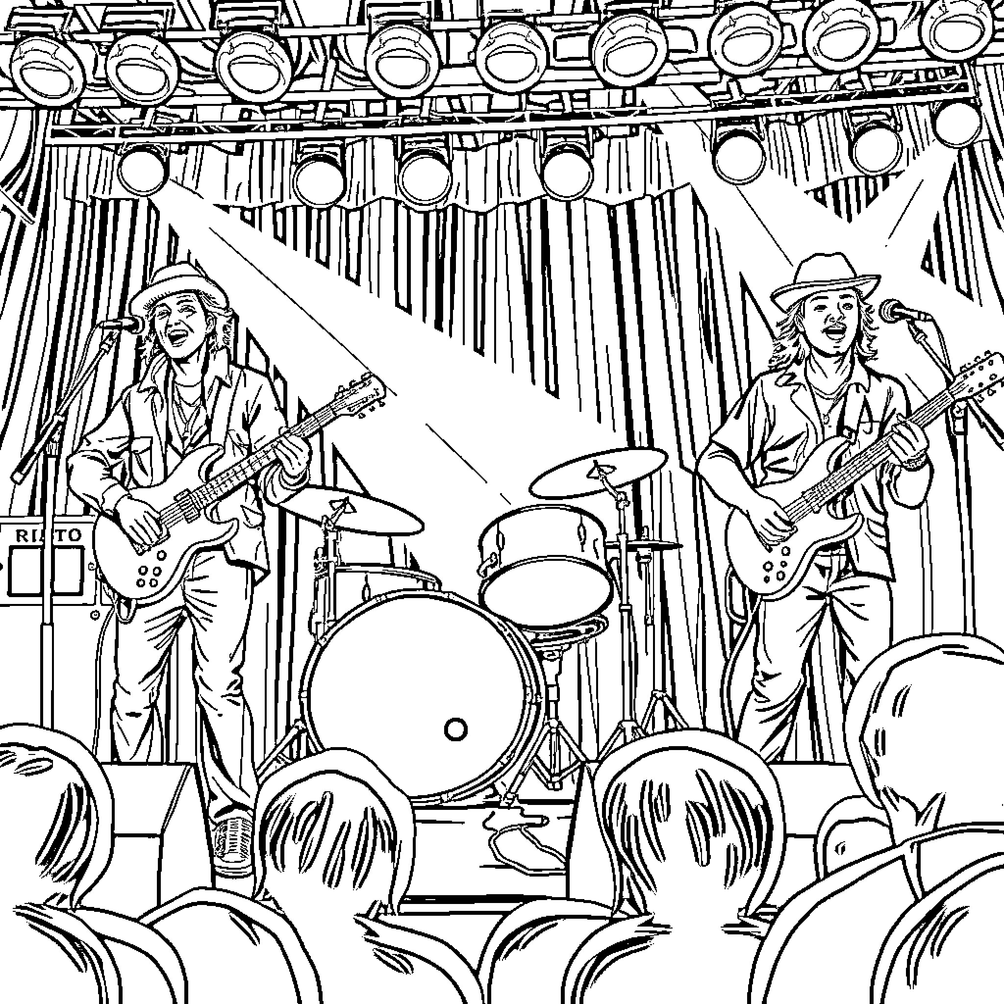 Black Wind Band Performs on Stage Coloring Page (free black-and-white line drawing printable PDF for all, from beginners to advanced learners, including children, teens, adults, and seniors)