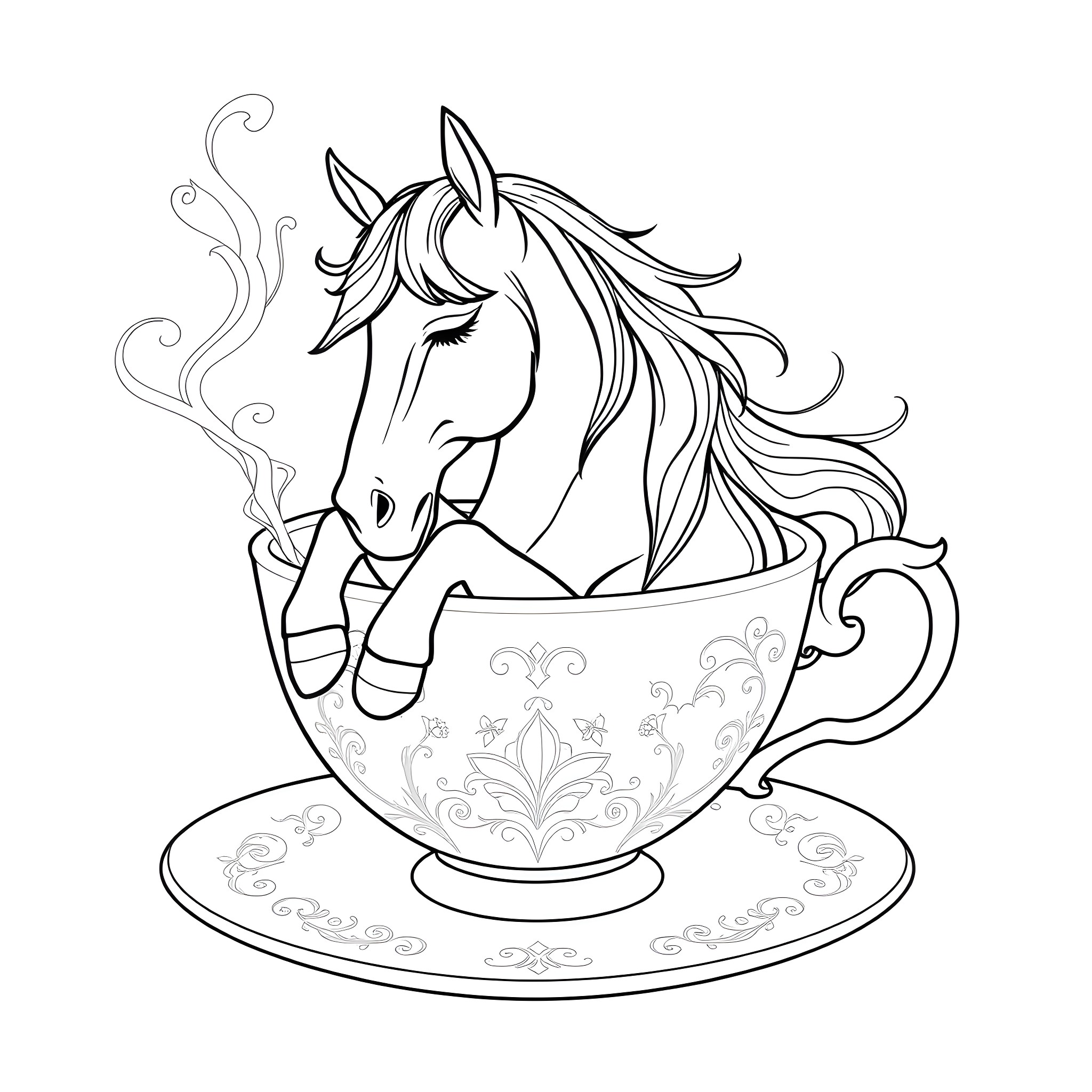Horse resting calmly in a teacup Coloring Page (free black-and-white line drawing printable PDF for all, from beginners to advanced learners, including children, teens, adults, and seniors)