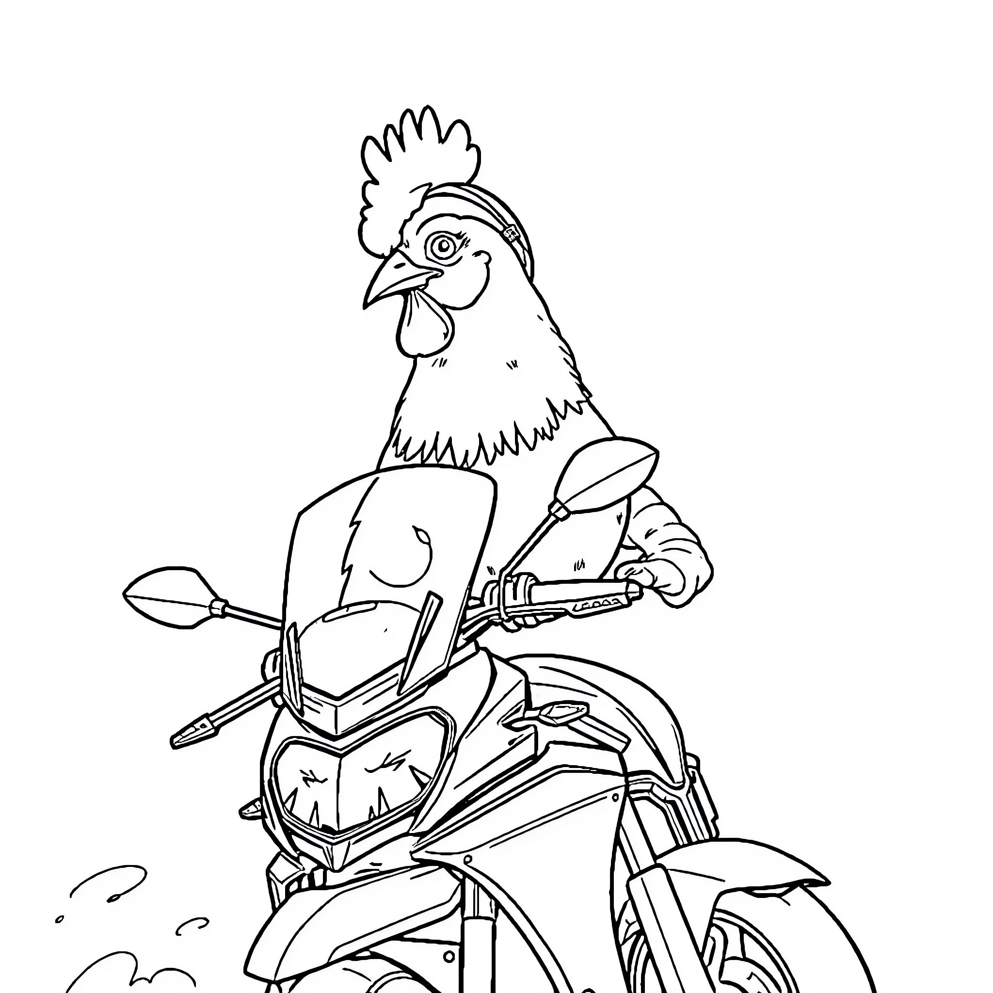Chicken riding a motorcycle Coloring Page (free black-and-white line drawing printable PDF for all, from beginners to advanced learners, including children, teens, adults, and seniors)