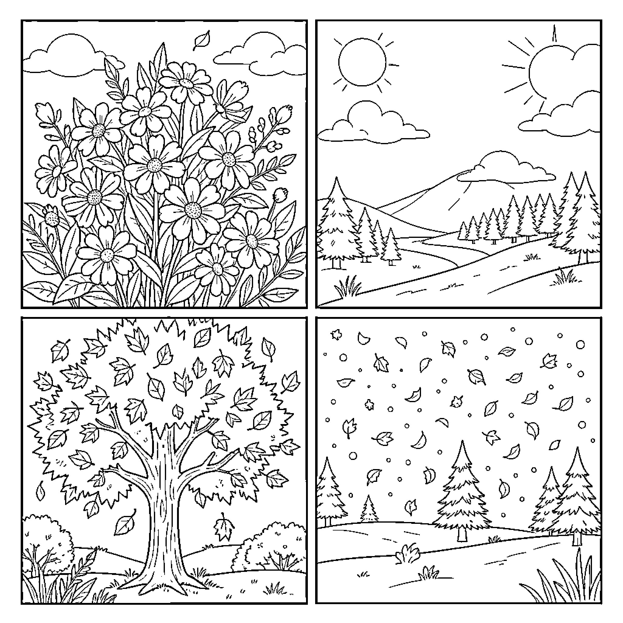 Seasons in nature - flowers, trees, and landscapes Coloring Page (free black-and-white line drawing printable PDF for all, from beginners to advanced learners, including children, teens, adults, and seniors)