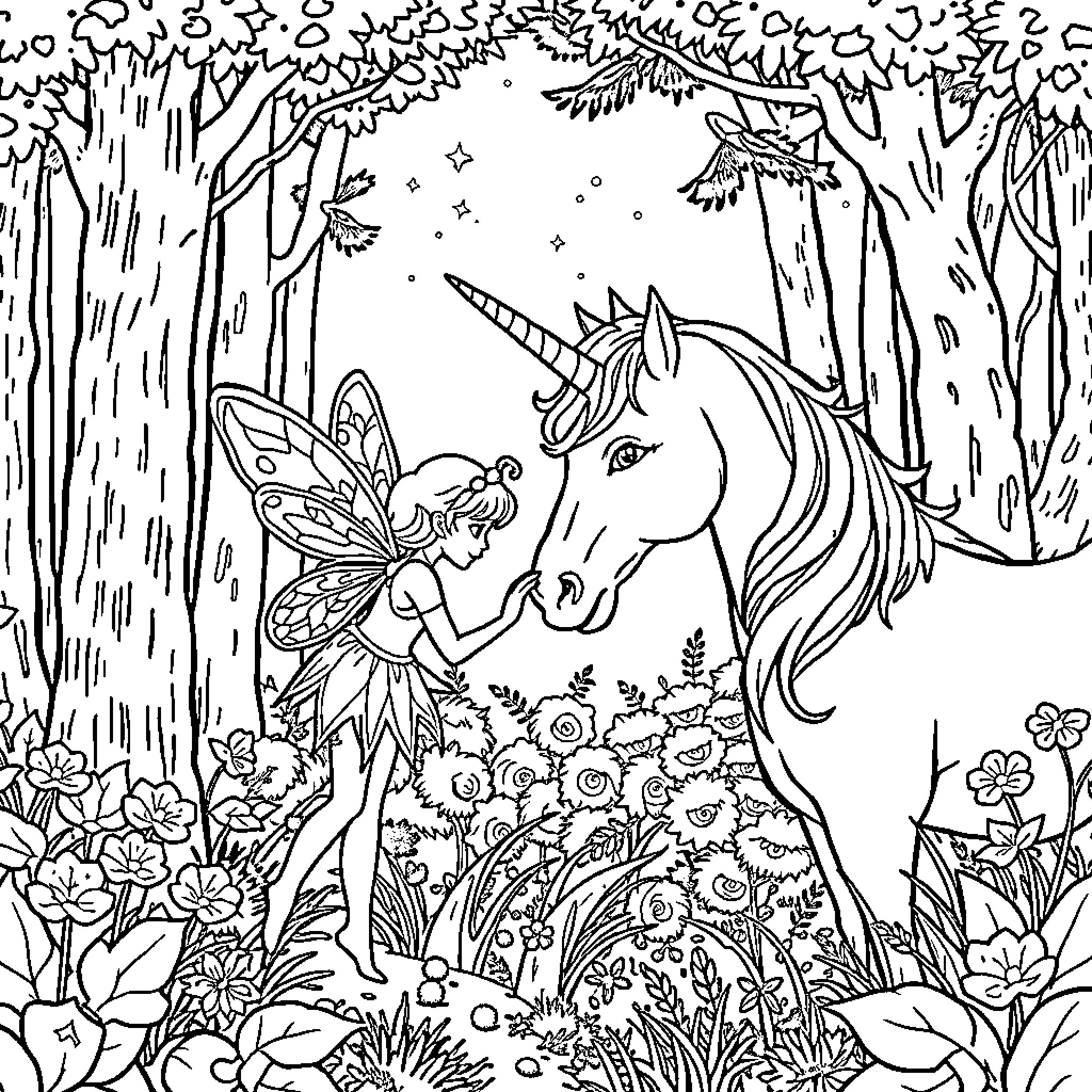 Fairy interacting with a magical unicorn in the enchanted forest Coloring Page (free black-and-white line drawing printable PDF for all, from beginners to advanced learners, including children, teens, adults, and seniors)