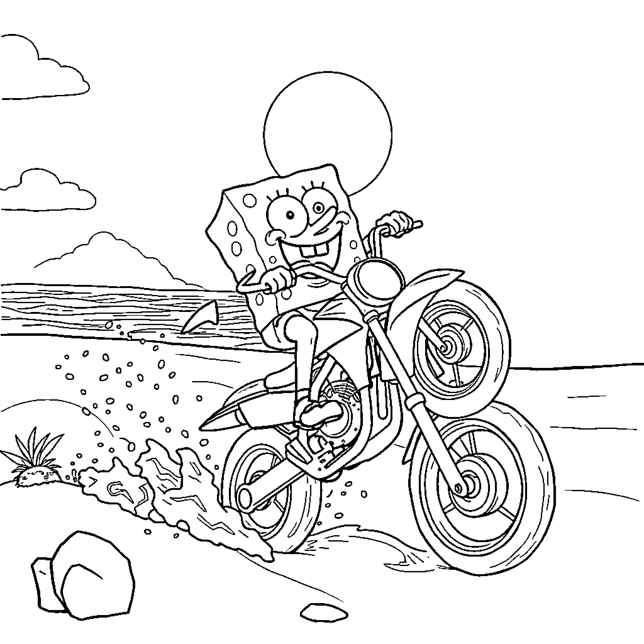 Spongebob riding a motorcycle through the desert Coloring Page (free black-and-white line drawing printable PDF for all, from beginners to advanced learners, including children, teens, adults, and seniors)