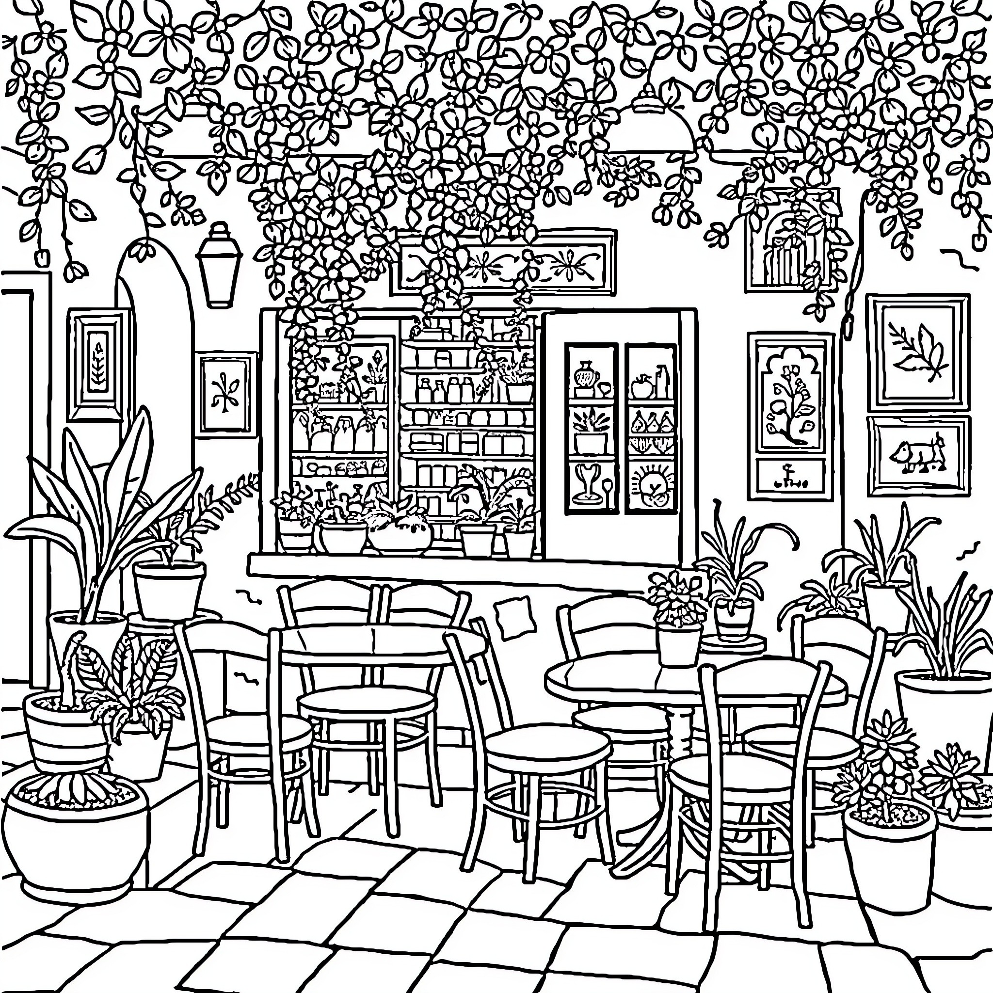 Cafe with lush greenery and cozy seating Coloring Page (free black-and-white line drawing printable PDF for all, from beginners to advanced learners, including children, teens, adults, and seniors)