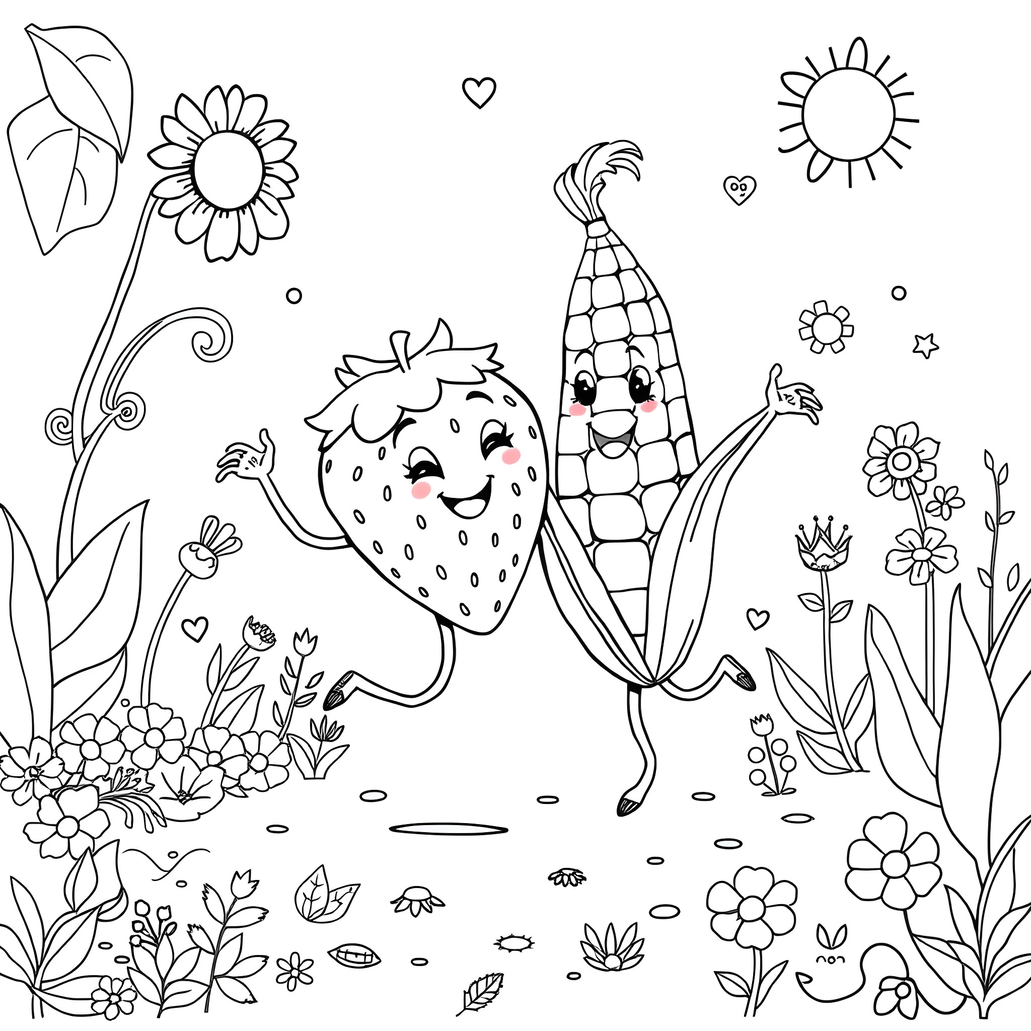 Strawberry dancing joyfully in a field of flowers Coloring Page (free black-and-white line drawing printable PDF for all, from beginners to advanced learners, including children, teens, adults, and seniors)