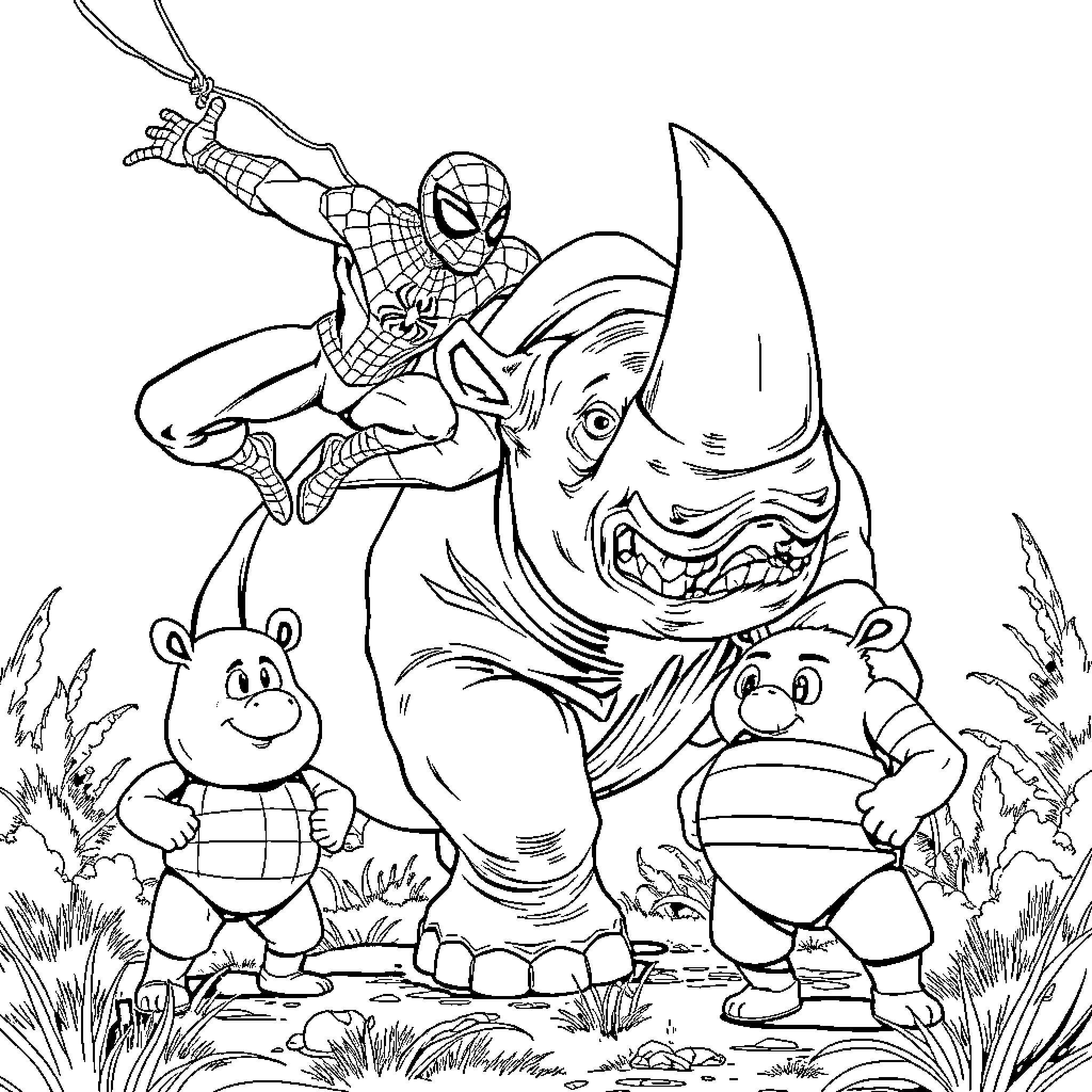 Spiserman saves the day with whimsical creatures Coloring Page (free black-and-white line drawing printable PDF for all, from beginners to advanced learners, including children, teens, adults, and seniors)