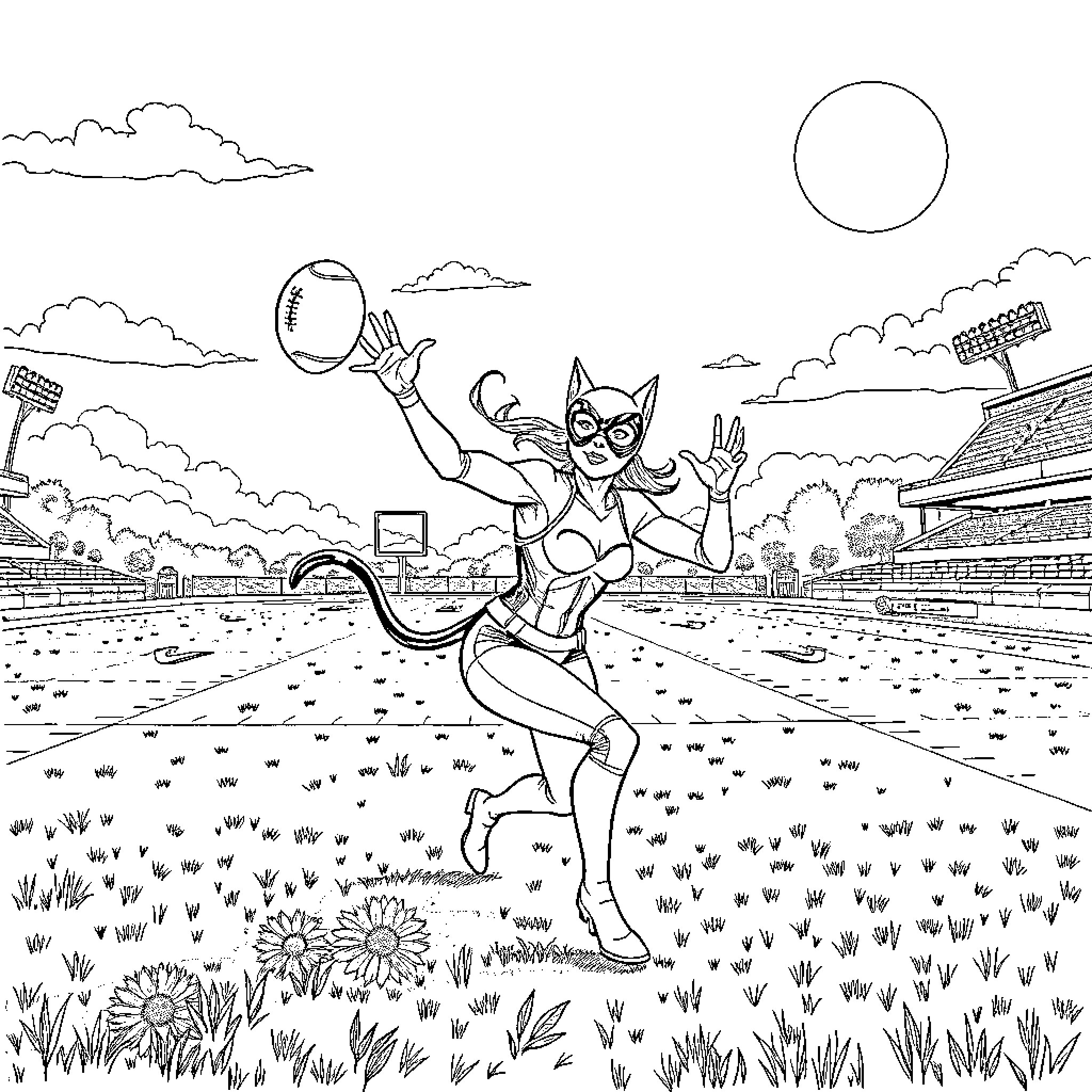 Catwoman playing ball in the stadium Coloring Page (free black-and-white line drawing printable PDF for all, from beginners to advanced learners, including children, teens, adults, and seniors)