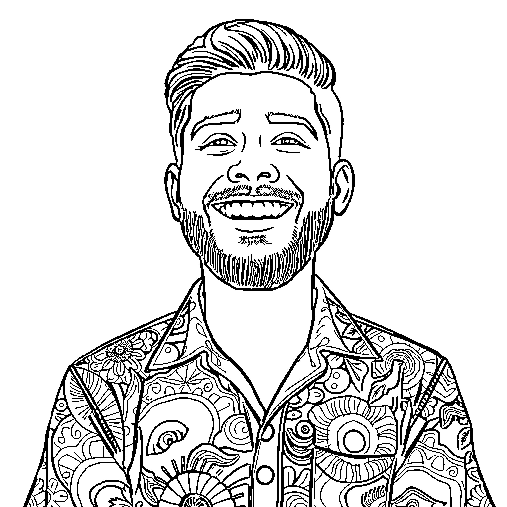 Mourad's Joyful Expression and Patterned Attire Coloring Page (free black-and-white line drawing printable PDF for all, from beginners to advanced learners, including children, teens, adults, and seniors)