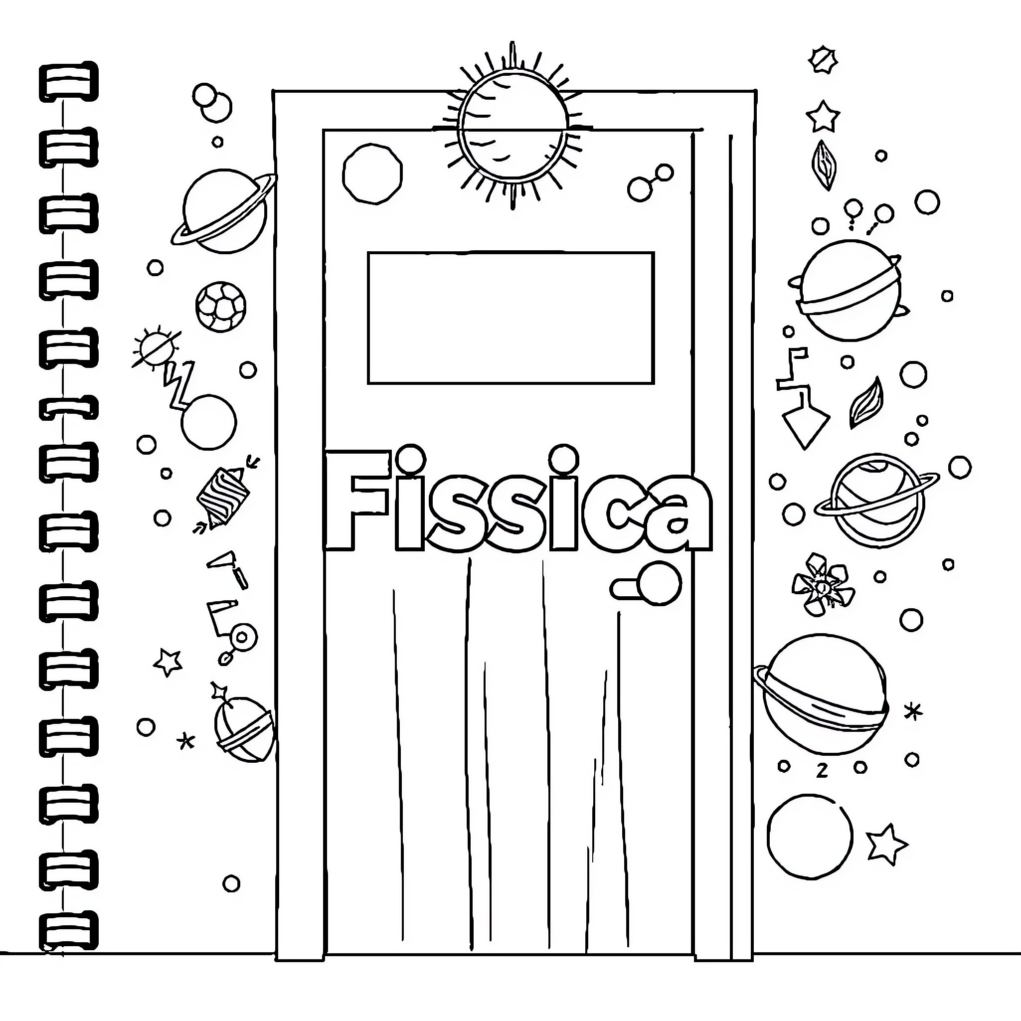 Physics-themed doodles and geometric shapes Coloring Page (free black-and-white line drawing printable PDF for all, from beginners to advanced learners, including children, teens, adults, and seniors)