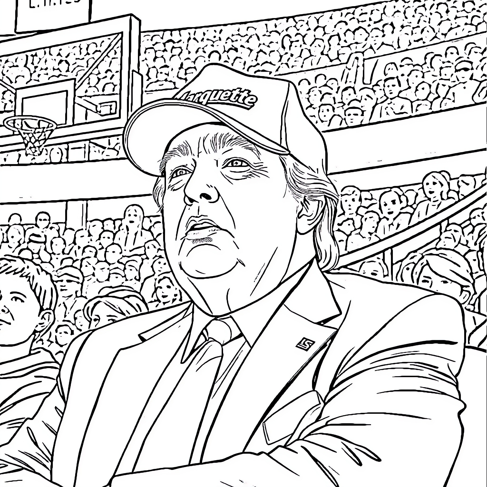 Donald Trump in a Serious Expression at a Crowded Event Coloring Page (free black-and-white line drawing printable PDF for all, from beginners to advanced learners, including children, teens, adults, and seniors)