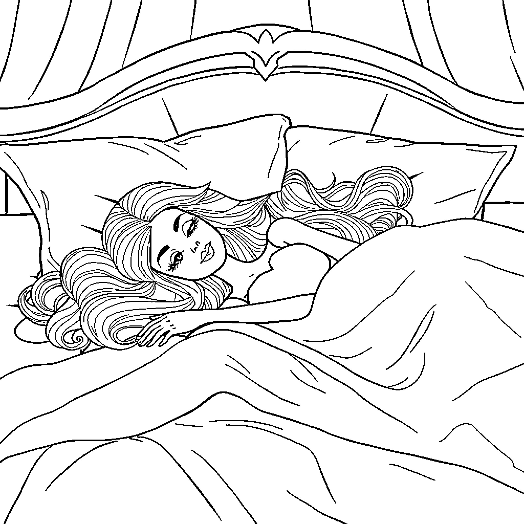 Barbie sleeping peacefully in her bed Coloring Page (free black-and-white line drawing printable PDF for all, from beginners to advanced learners, including children, teens, adults, and seniors)