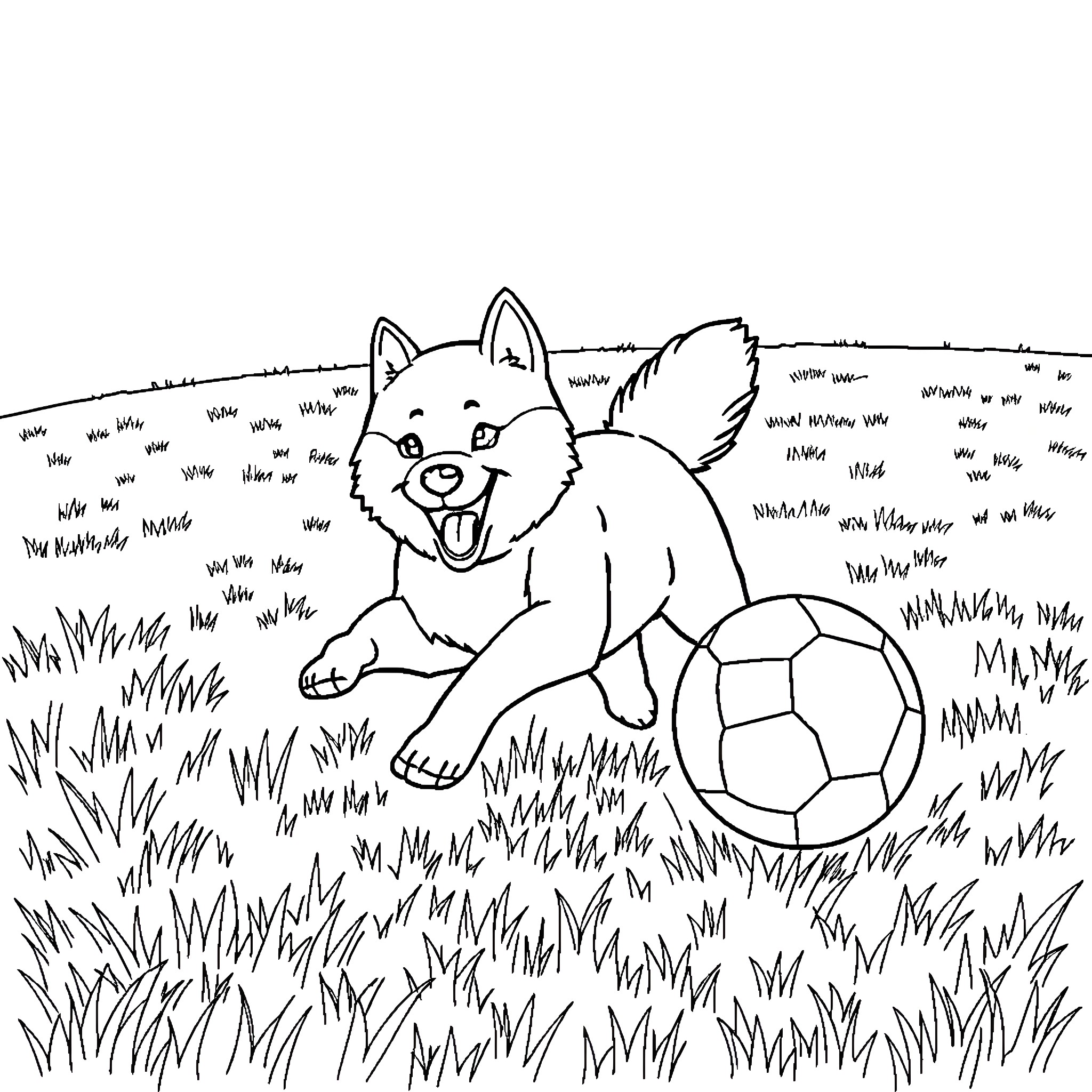 Shiba Inu playing with soccer ball in grassy field Coloring Page (free black-and-white line drawing printable PDF for all, from beginners to advanced learners, including children, teens, adults, and seniors)