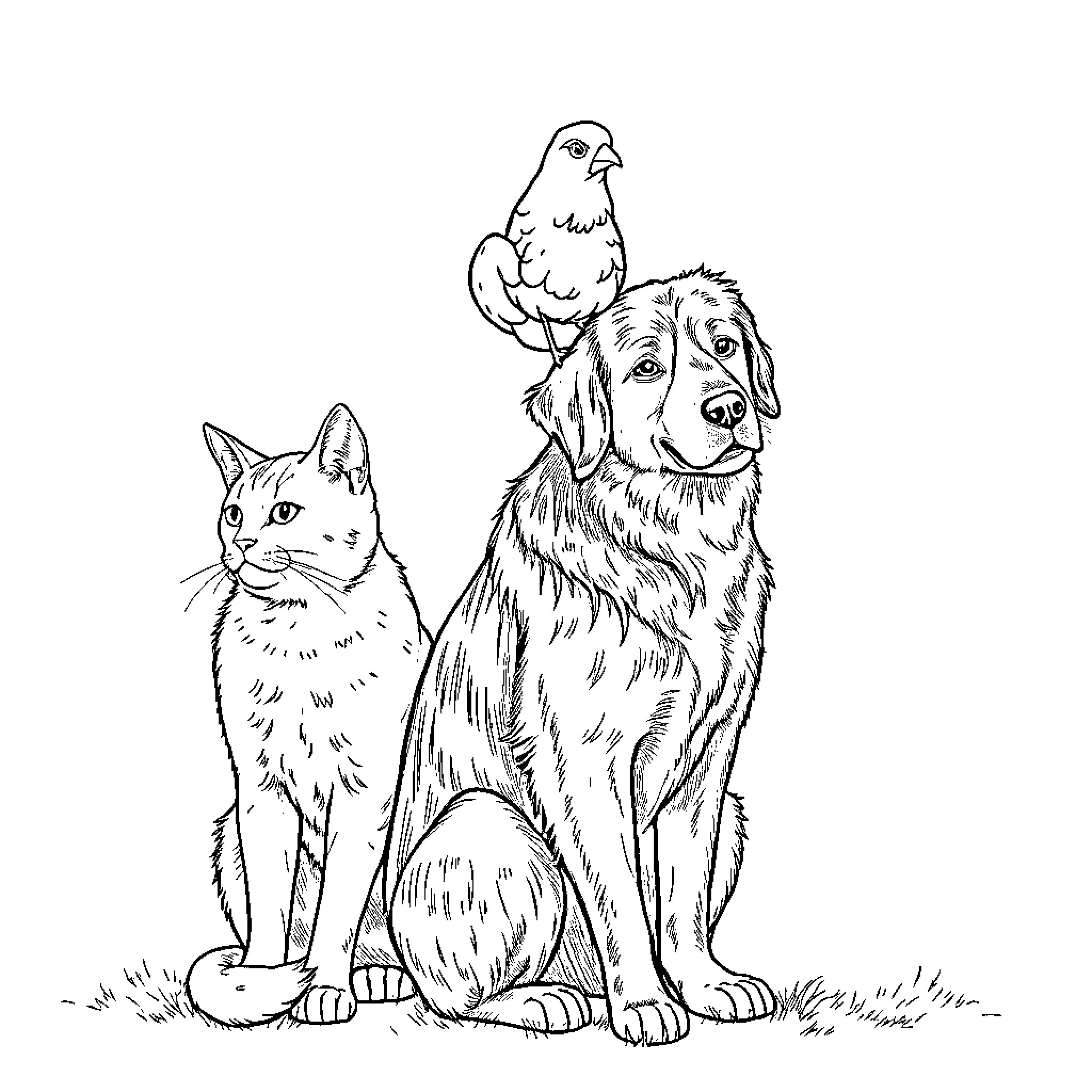Poule perched atop pup with feline companion Coloring Page (free black-and-white line drawing printable PDF for all, from beginners to advanced learners, including children, teens, adults, and seniors)