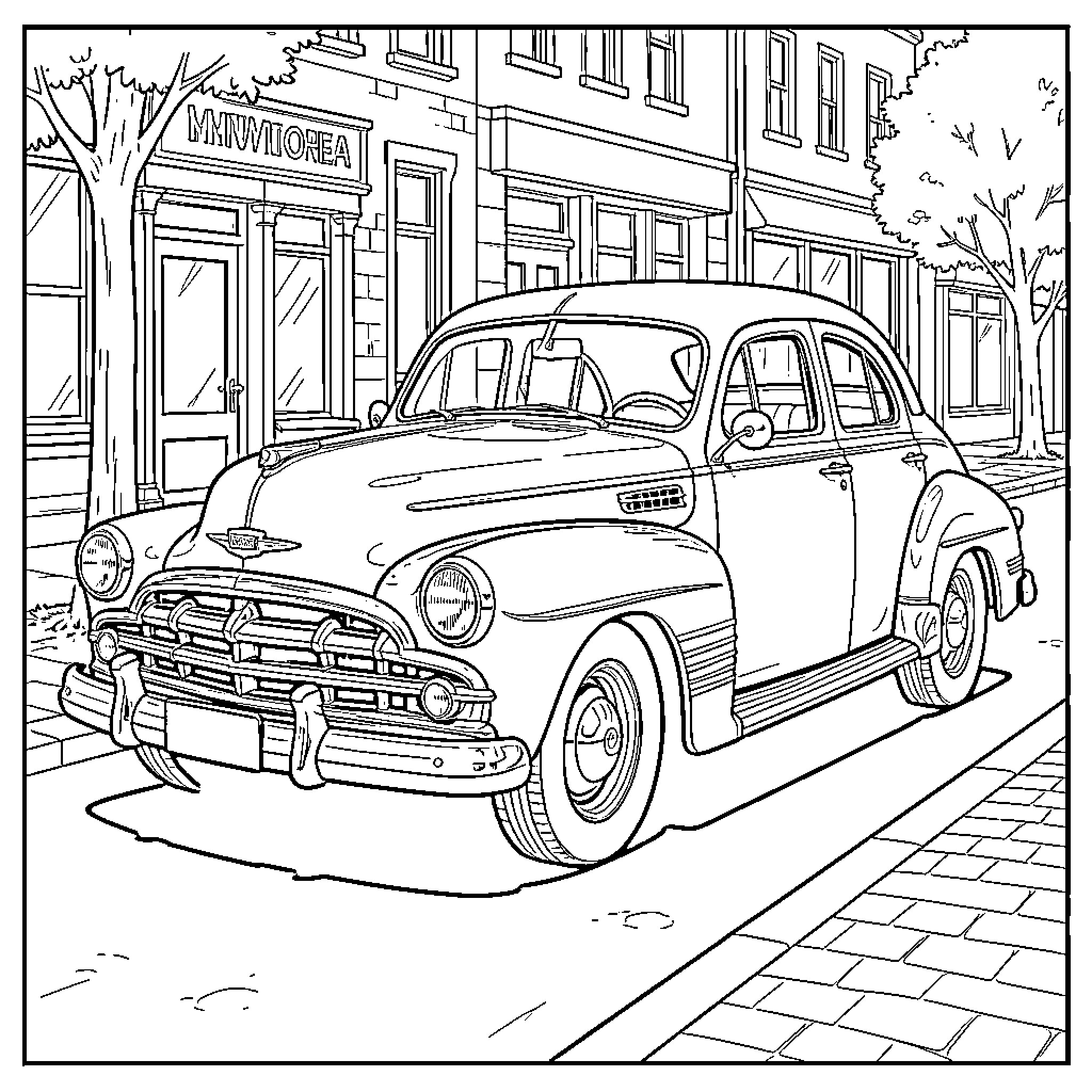 Car parked on a city street near storefronts Coloring Page (free black-and-white line drawing printable PDF for all, from beginners to advanced learners, including children, teens, adults, and seniors)