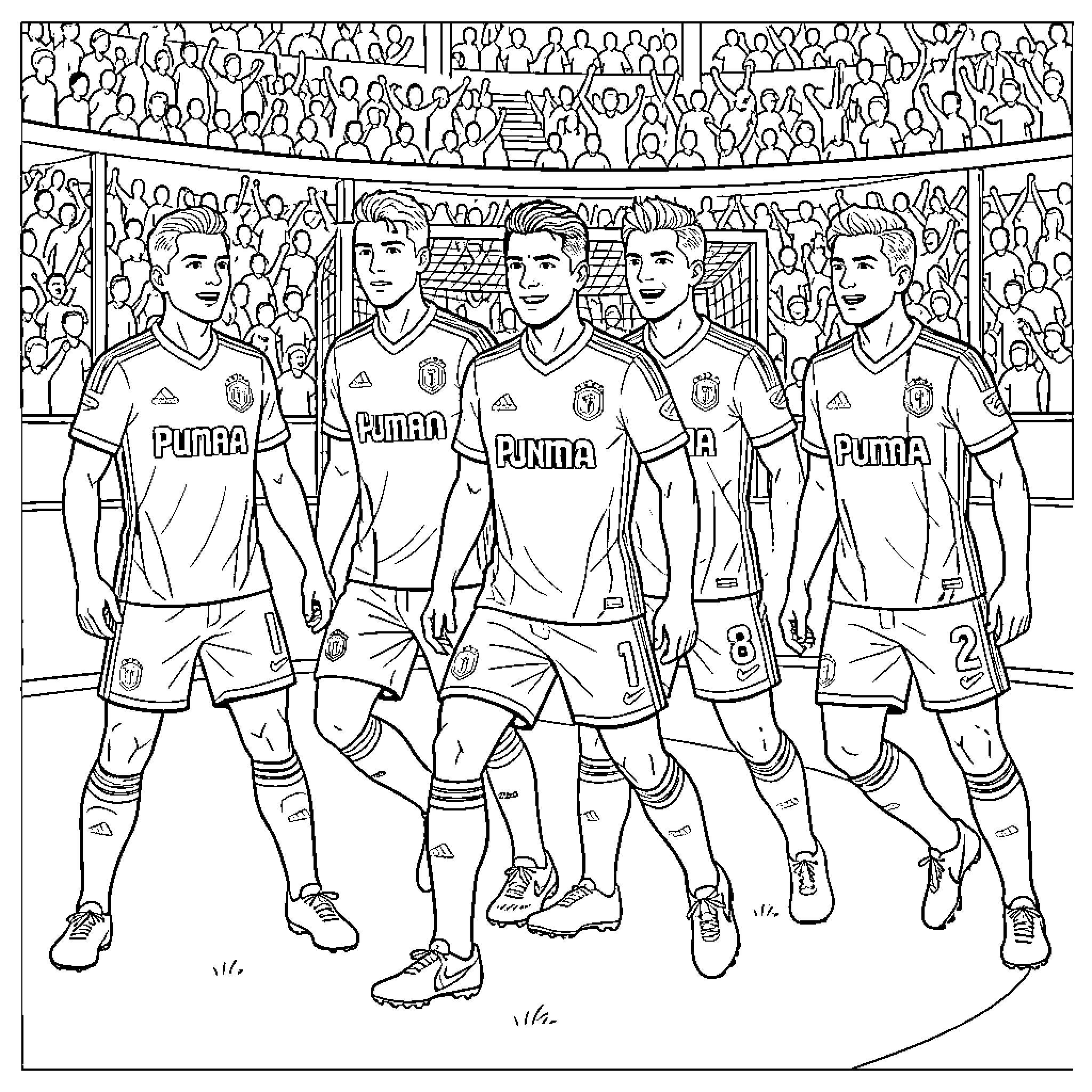 Puma Soccer Team On The Field Before Match Coloring Page (free black-and-white line drawing printable PDF for all, from beginners to advanced learners, including children, teens, adults, and seniors)