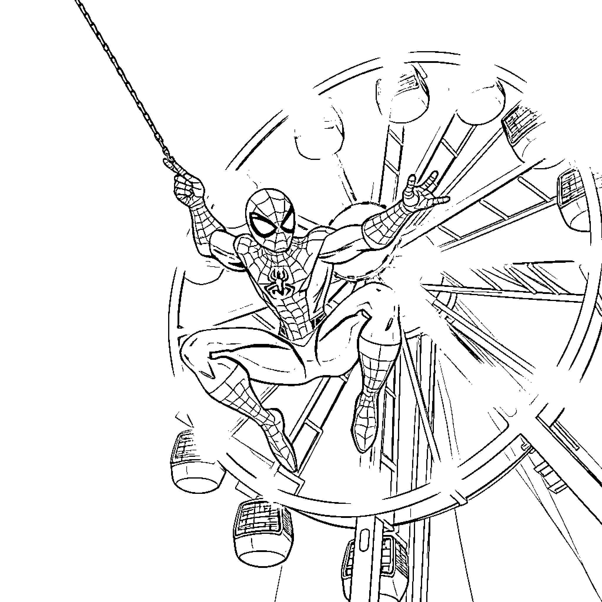 Spiderman swinging through city with action and heroism Coloring Page (free black-and-white line drawing printable PDF for all, from beginners to advanced learners, including children, teens, adults, and seniors)