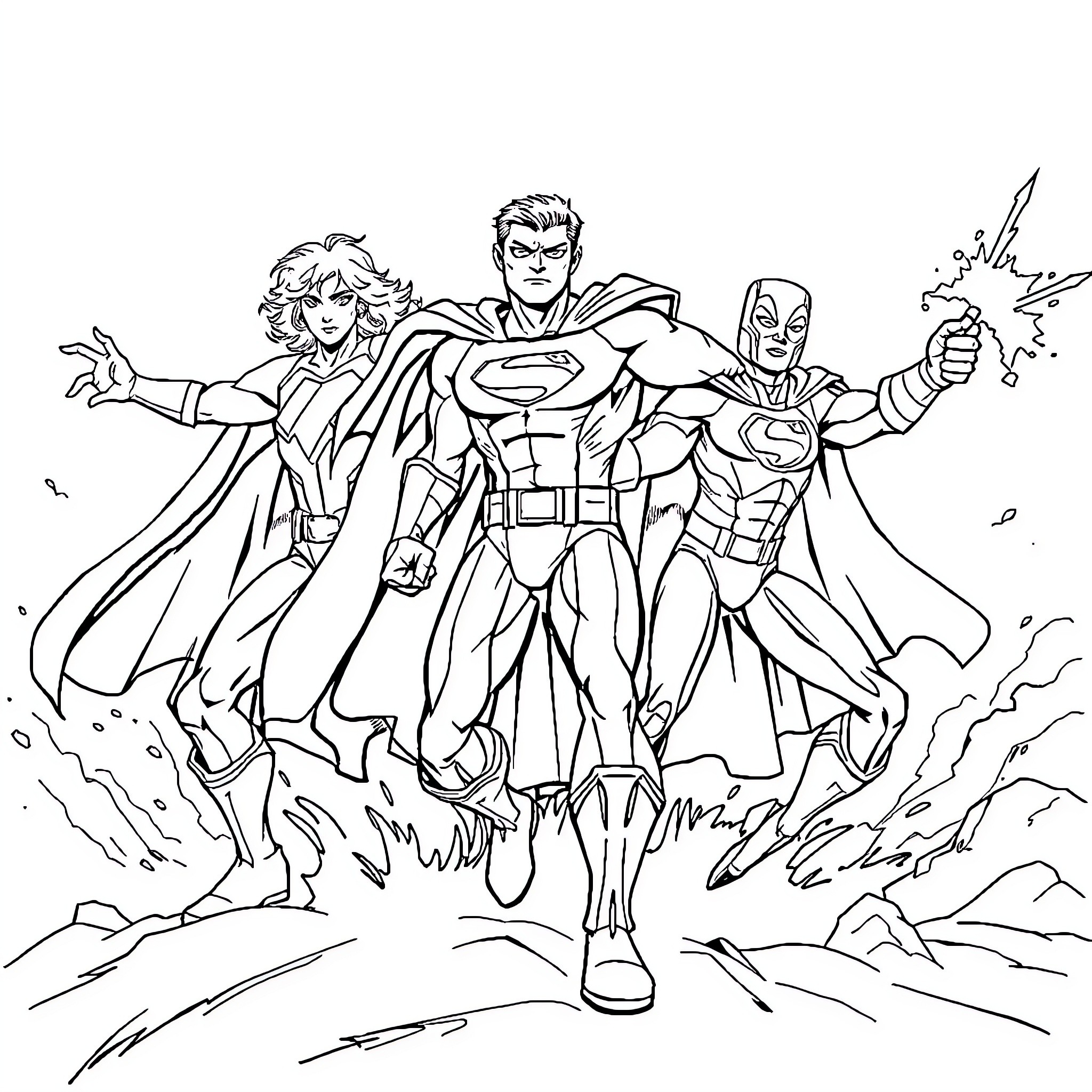 Superheroes in Action-Packed Pose Coloring Page (free black-and-white line drawing printable PDF for all, from beginners to advanced learners, including children, teens, adults, and seniors)