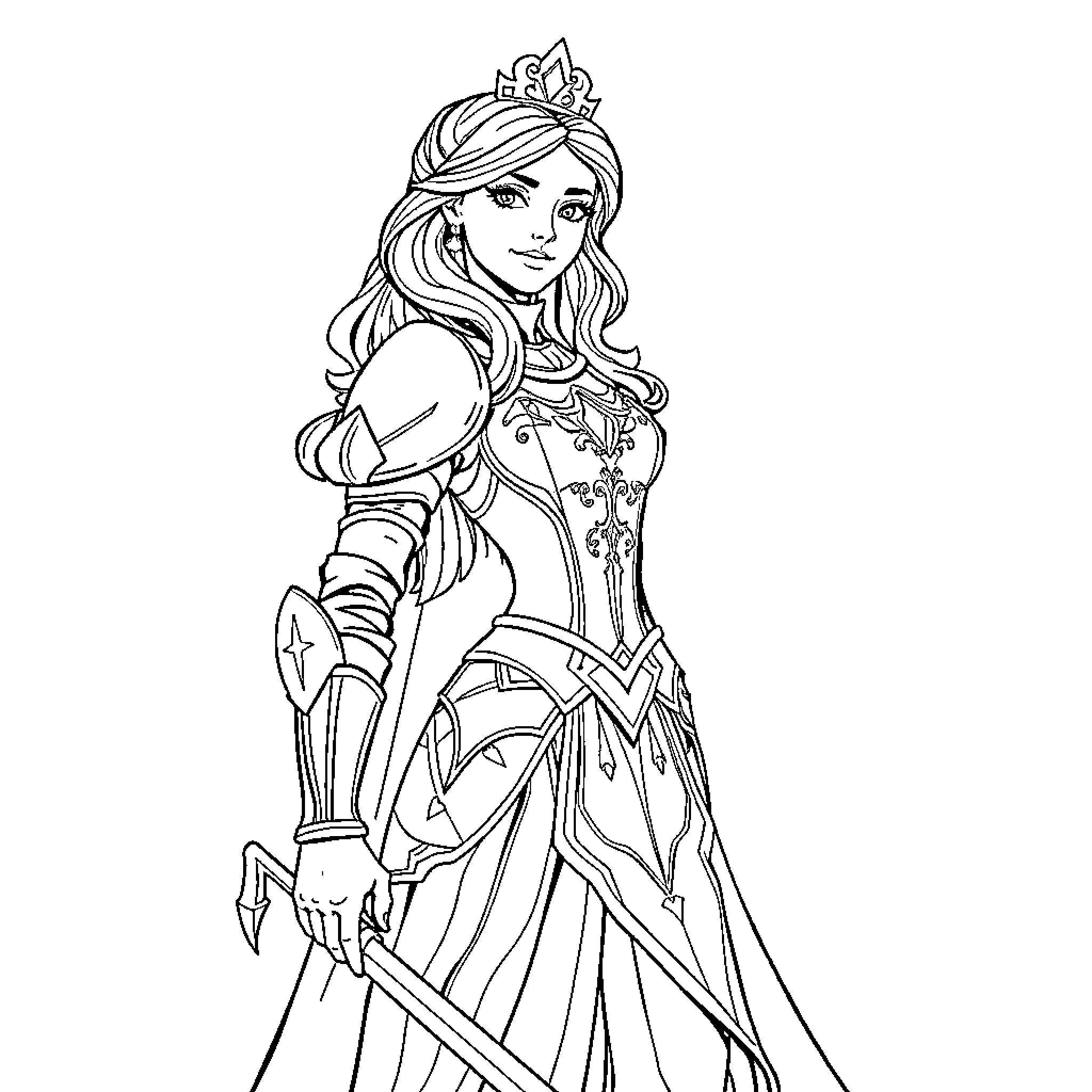 Princess in Elegant Gown Holding Sword Coloring Page (free black-and-white line drawing printable PDF for all, from beginners to advanced learners, including children, teens, adults, and seniors)
