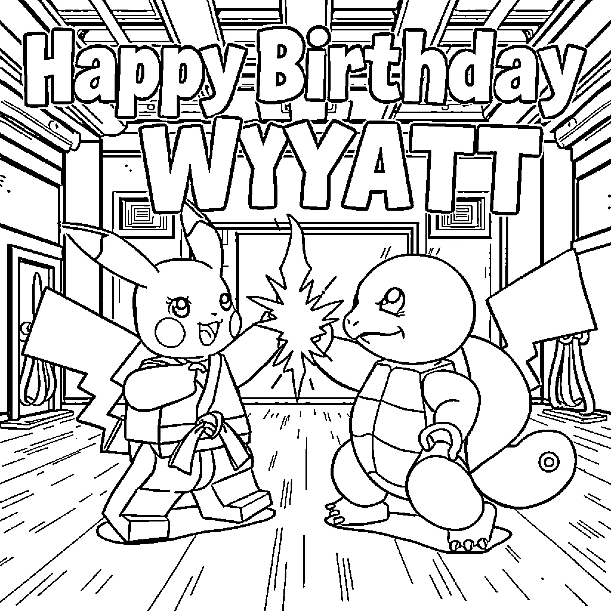 Pikachu's Joyful Birthday Celebration with Friends Coloring Page (free black-and-white line drawing printable PDF for all, from beginners to advanced learners, including children, teens, adults, and seniors)