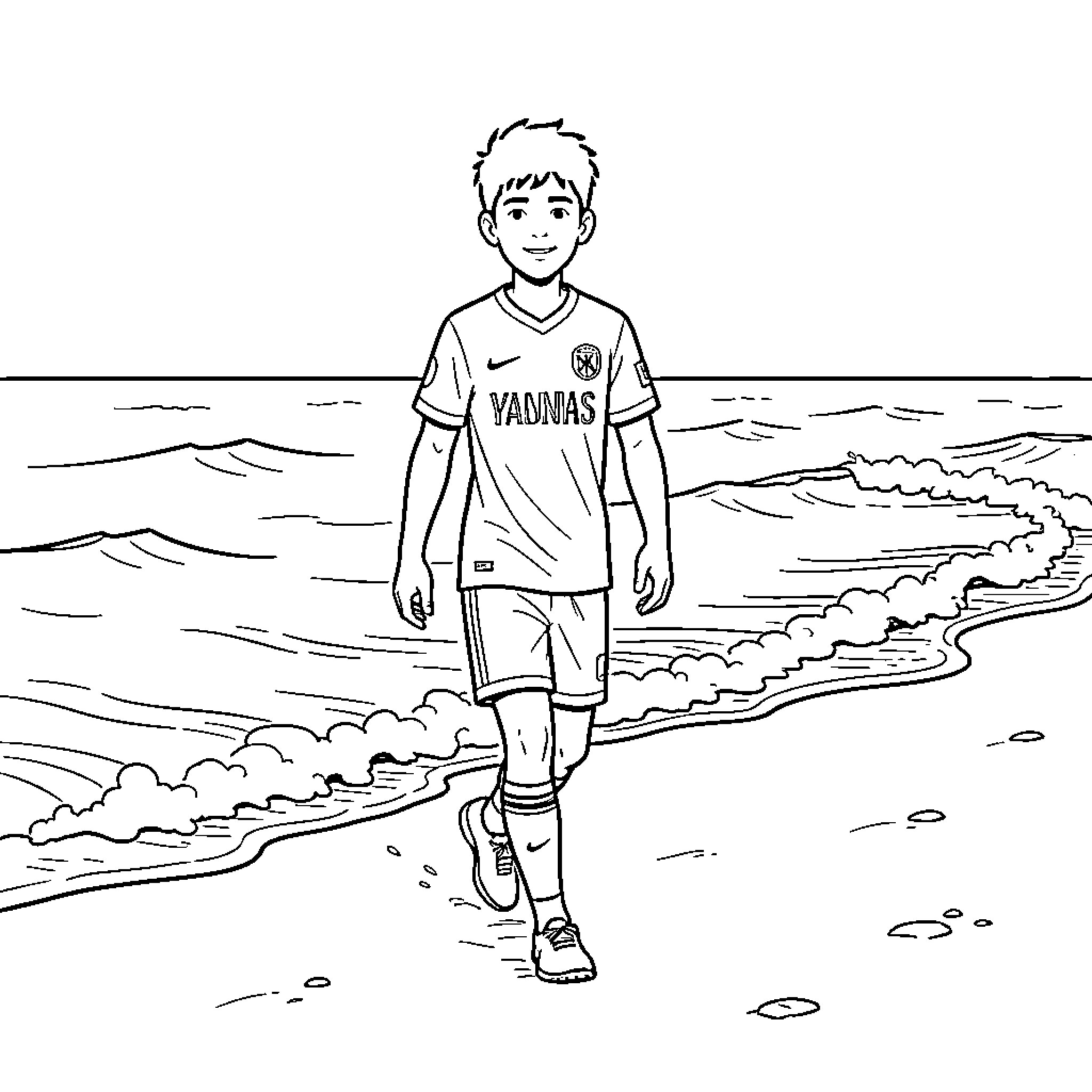 Lamine walking confidently along the ocean shore Coloring Page (free black-and-white line drawing printable PDF for all, from beginners to advanced learners, including children, teens, adults, and seniors)
