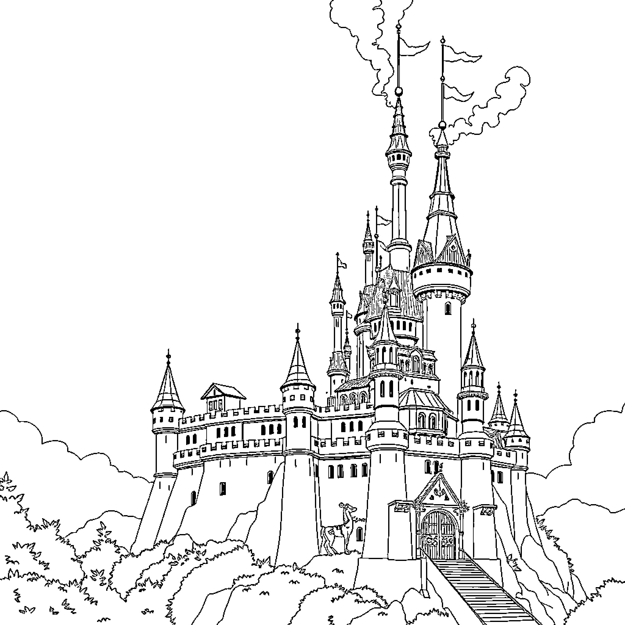 Castle of Enchanting Towers and Spires Coloring Page (free black-and-white line drawing printable PDF for all, from beginners to advanced learners, including children, teens, adults, and seniors)