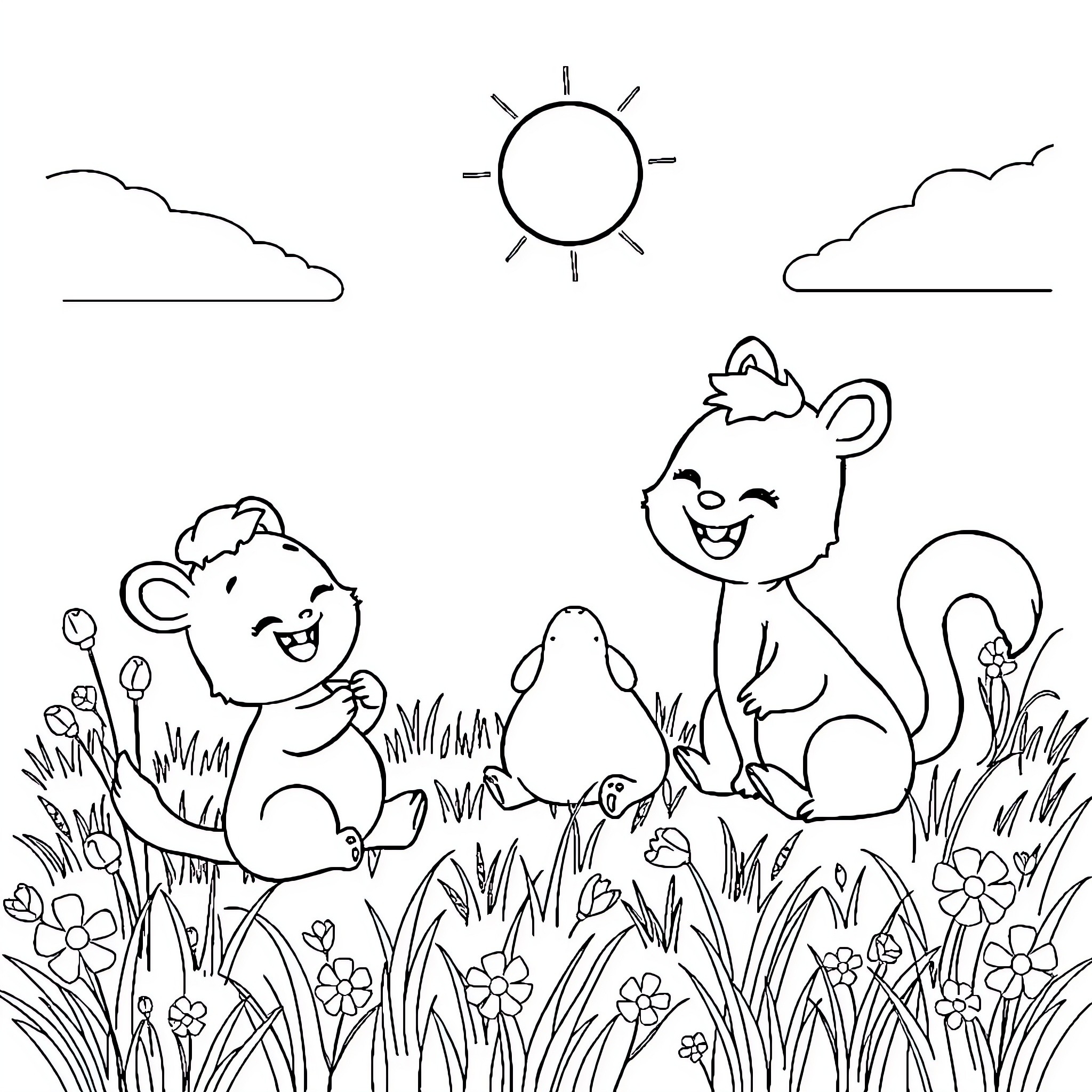 Creature playing joyfully in lush nature scene Coloring Page (free black-and-white line drawing printable PDF for all, from beginners to advanced learners, including children, teens, adults, and seniors)