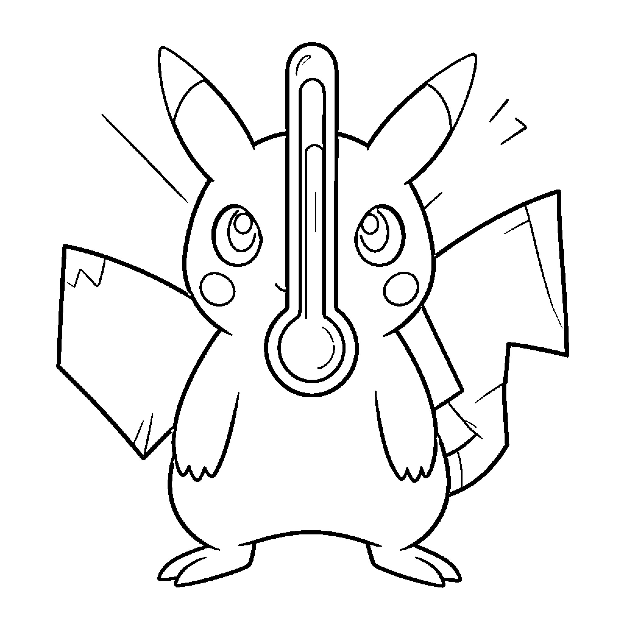 Pokémon Pikachu holding a thermometer with an excited expression Coloring Page (free black-and-white line drawing printable PDF for all, from beginners to advanced learners, including children, teens, adults, and seniors)