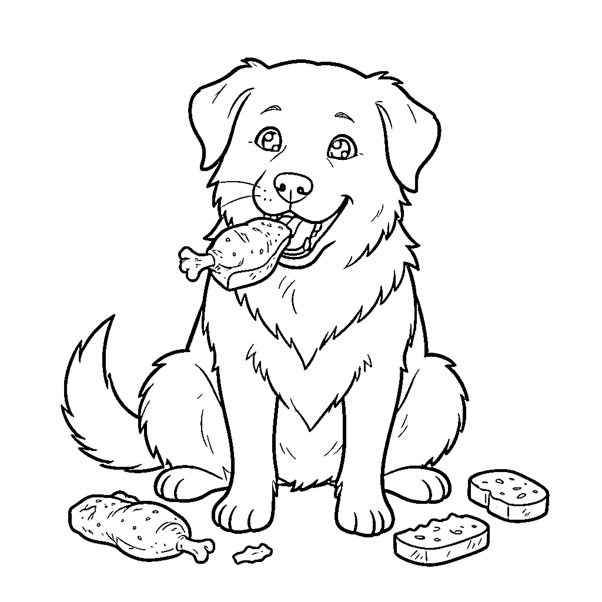 Dog sitting and happily eating drumsticks Coloring Page (free black-and-white line drawing printable PDF for all, from beginners to advanced learners, including children, teens, adults, and seniors)