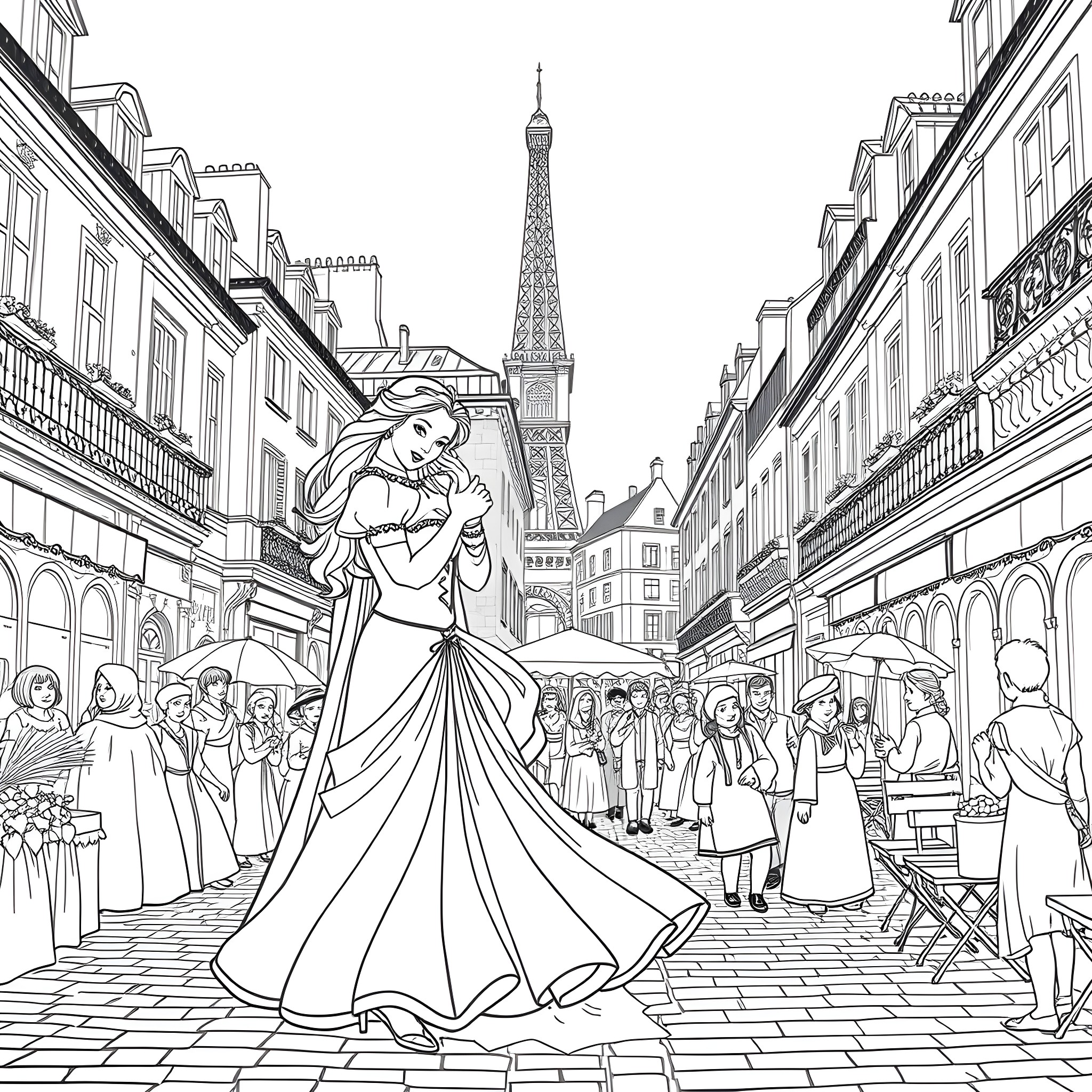Esmeralda's Enchanting Encounter in Paris Coloring Page (free black-and-white line drawing printable PDF for all, from beginners to advanced learners, including children, teens, adults, and seniors)