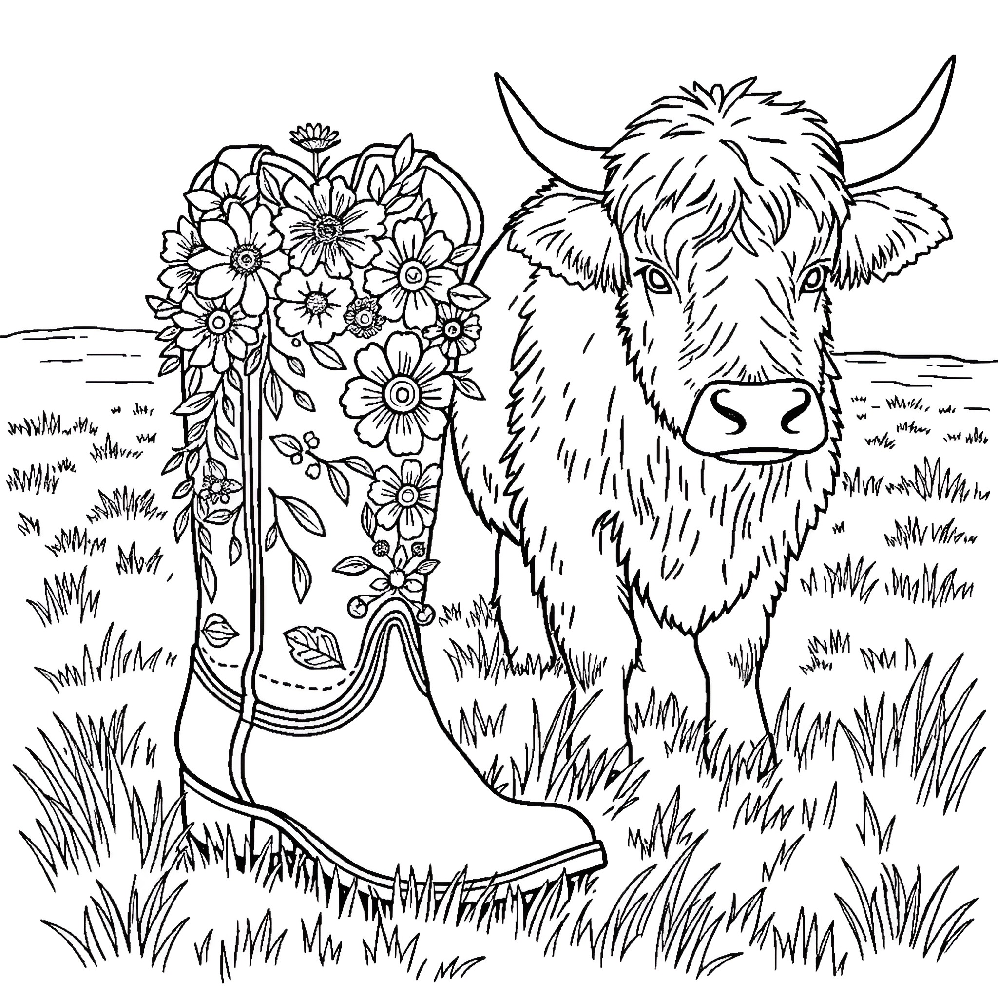 Boots in the Meadow with Flowers and Cow Coloring Page (free black-and-white line drawing printable PDF for all, from beginners to advanced learners, including children, teens, adults, and seniors)