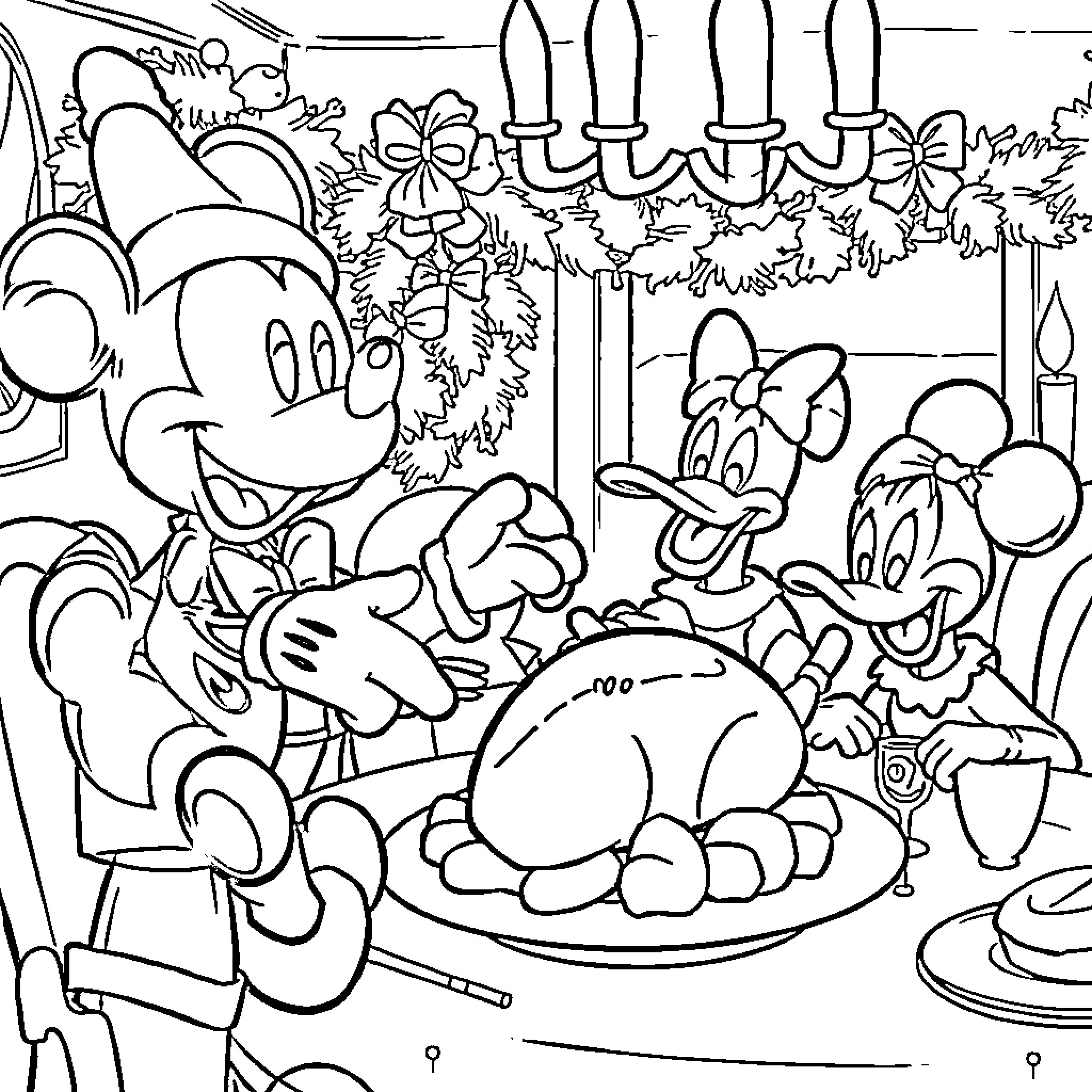 Mickey Mouse and Friends Celebrate Christmas Coloring Page (free black-and-white line drawing printable PDF for all, from beginners to advanced learners, including children, teens, adults, and seniors)