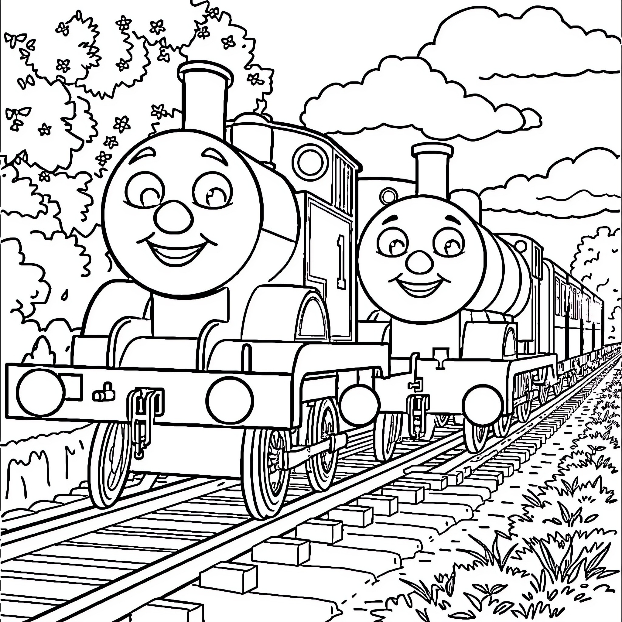 Thomas and His Train Friends Enjoying the Scenic Route Coloring Page (free black-and-white line drawing printable PDF for all, from beginners to advanced learners, including children, teens, adults, and seniors)