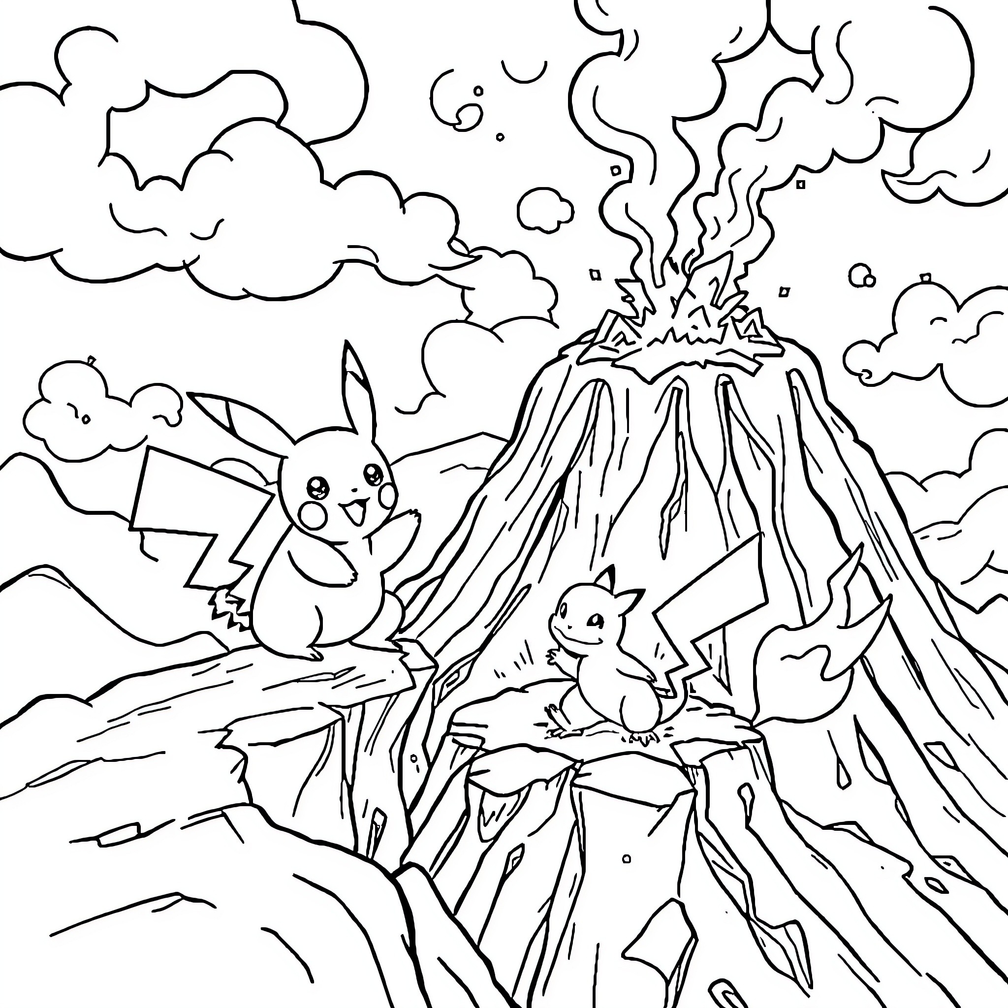 Pikachu exploring a volcanic landscape Coloring Page (free black-and-white line drawing printable PDF for all, from beginners to advanced learners, including children, teens, adults, and seniors)