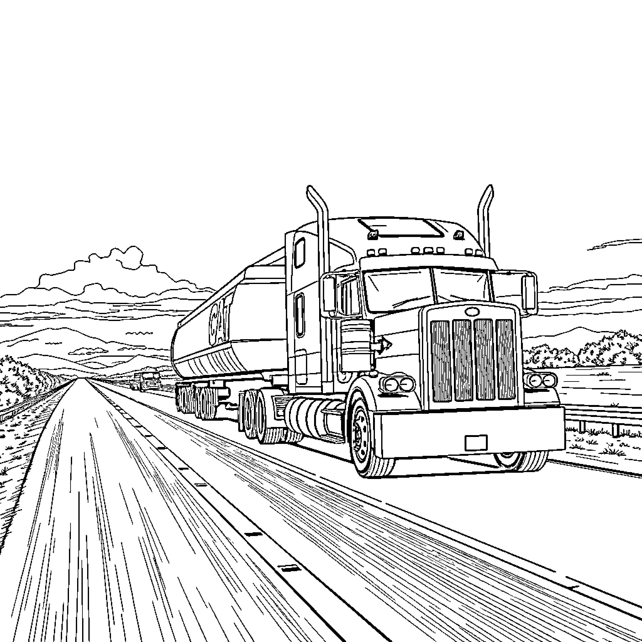 Semi Truck Traveling on Open Road Coloring Page (free black-and-white line drawing printable PDF for all, from beginners to advanced learners, including children, teens, adults, and seniors)