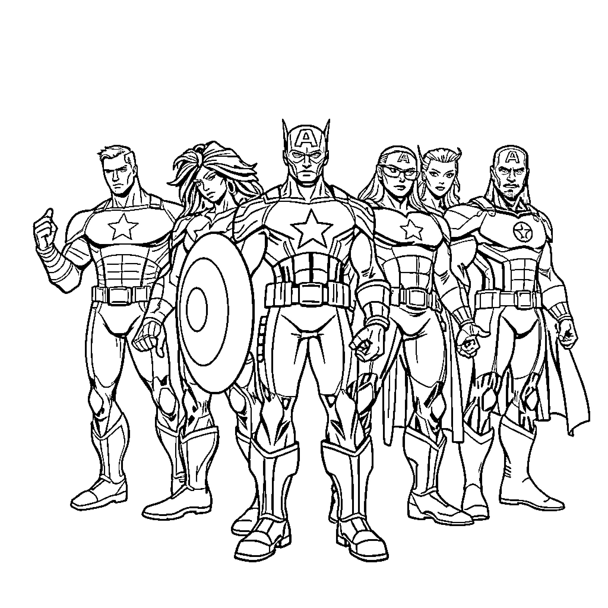 Avengers Assemble in Heroic Solidarity Coloring Page (free black-and-white line drawing printable PDF for all, from beginners to advanced learners, including children, teens, adults, and seniors)