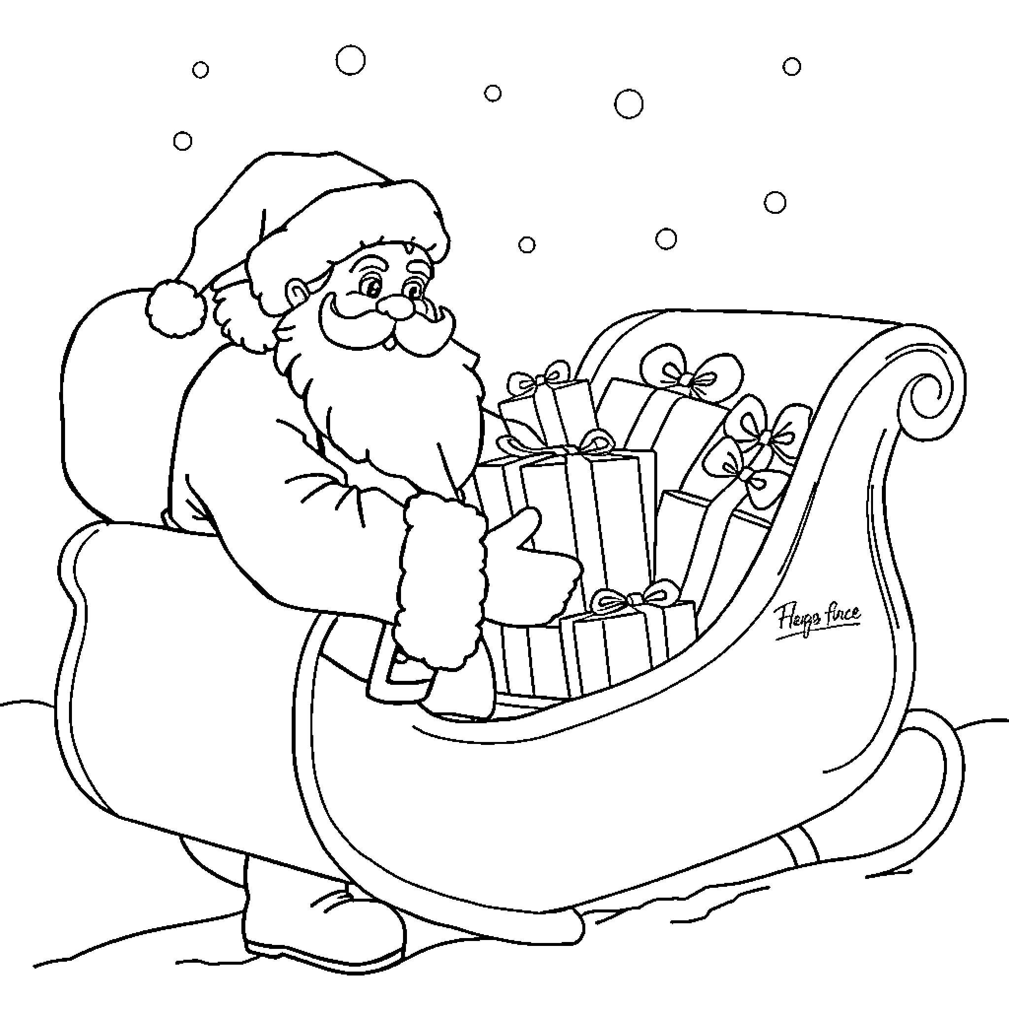 Santa delivering gifts in his sleigh Coloring Page (free black-and-white line drawing printable PDF for all, from beginners to advanced learners, including children, teens, adults, and seniors)