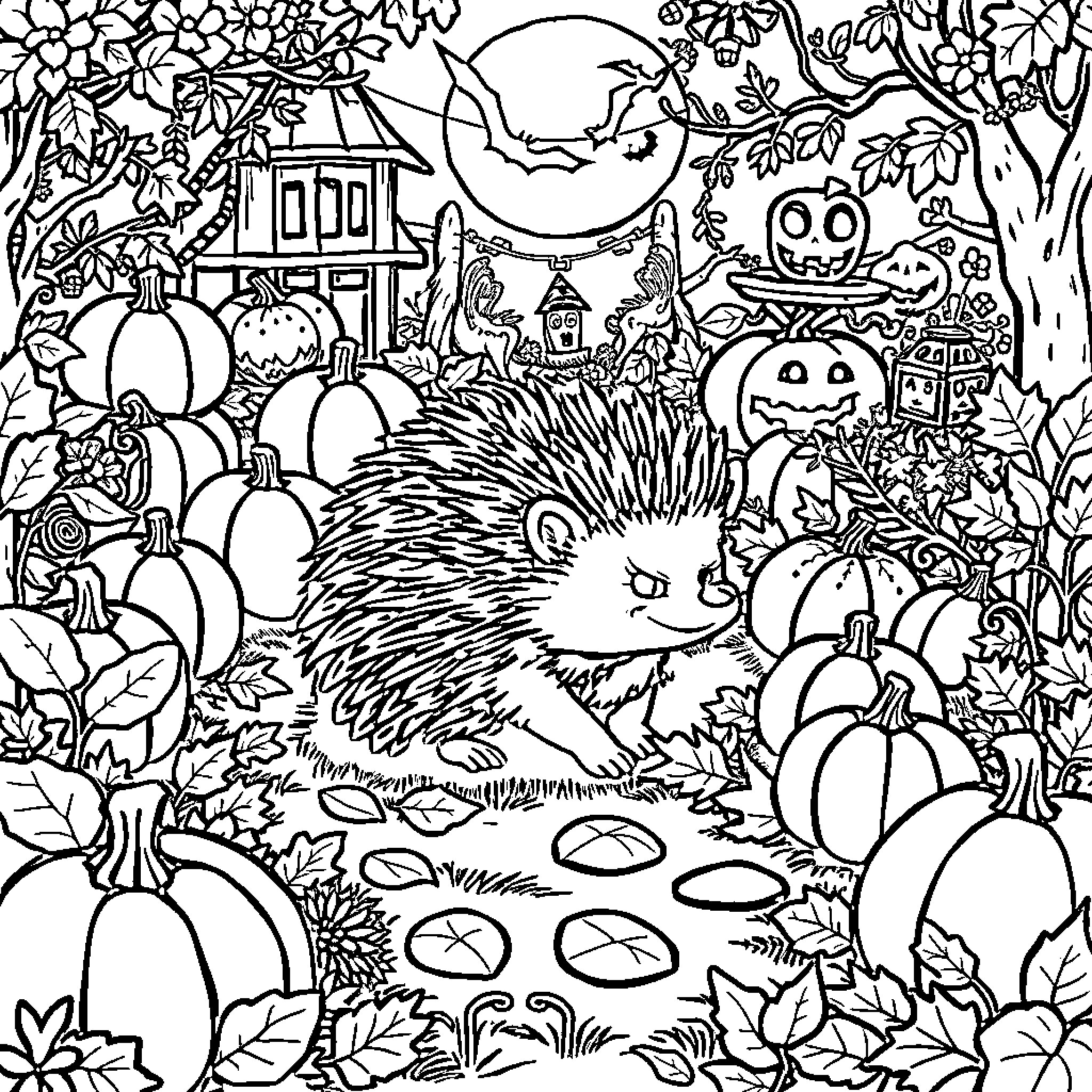 Hedgehog exploring the whimsical Halloween landscape Coloring Page (free black-and-white line drawing printable PDF for all, from beginners to advanced learners, including children, teens, adults, and seniors)